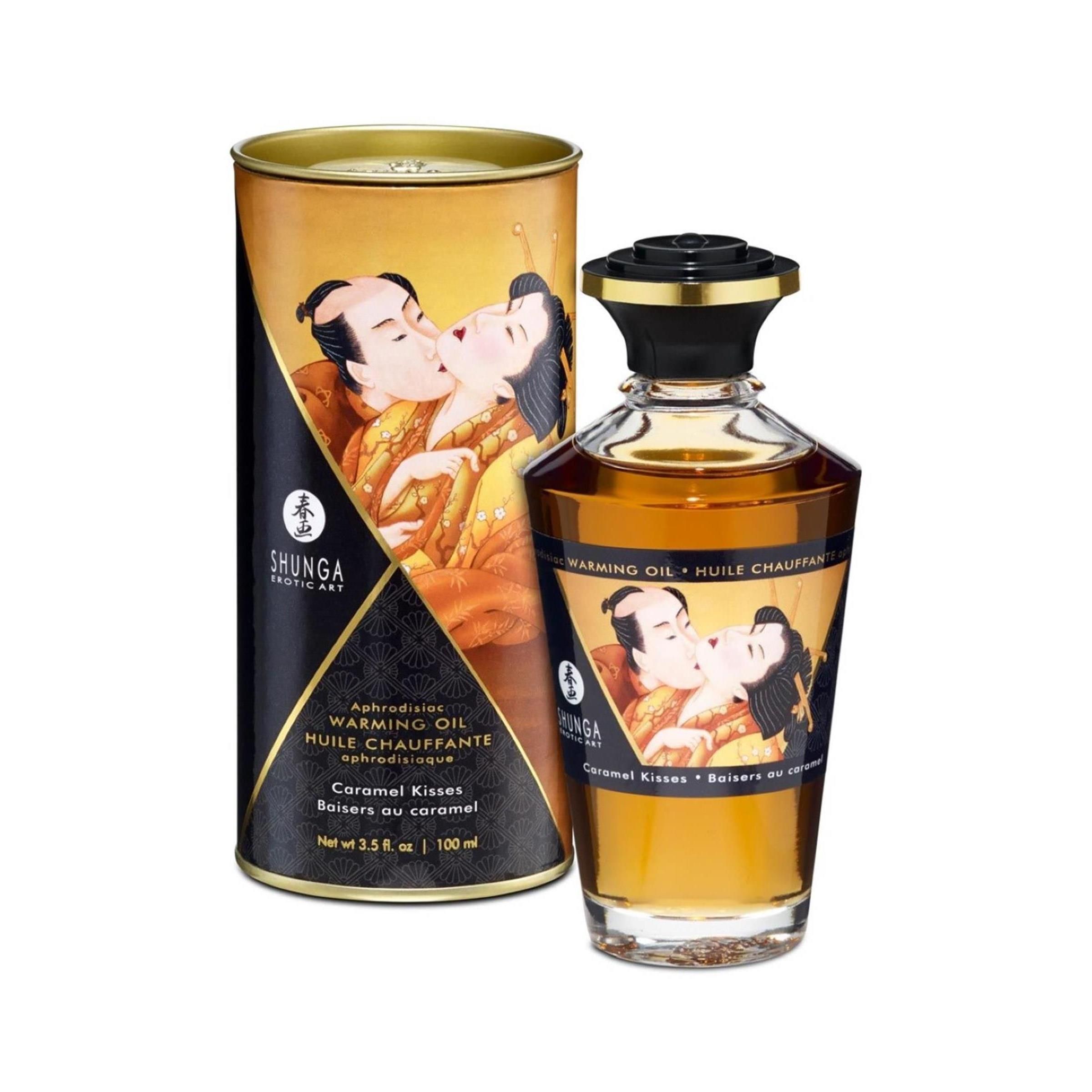 Zylindrische Dose und Flasche mit Öl. Dose mit Abbildung eines küssenden Paares. Flasche mit schwarzem Deckel und Etikett.