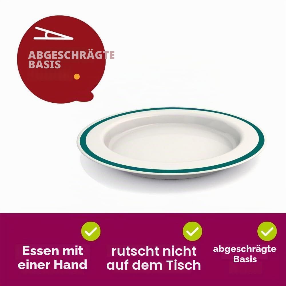 Weiße Servierplatte mit abgeschrägter Basis und dunkelgrünem Rand.