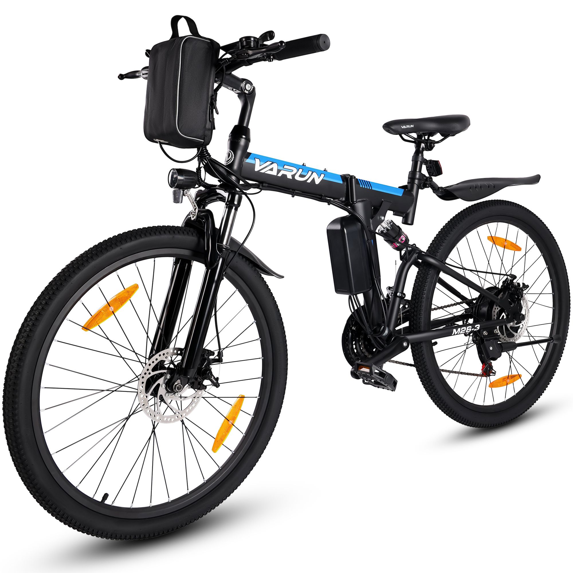 E-Bike mit blauem Rahmen. Schwarze Reifen, Sattel und Lenker. VARUN-Logo. Gepäckträger und Frontlicht.