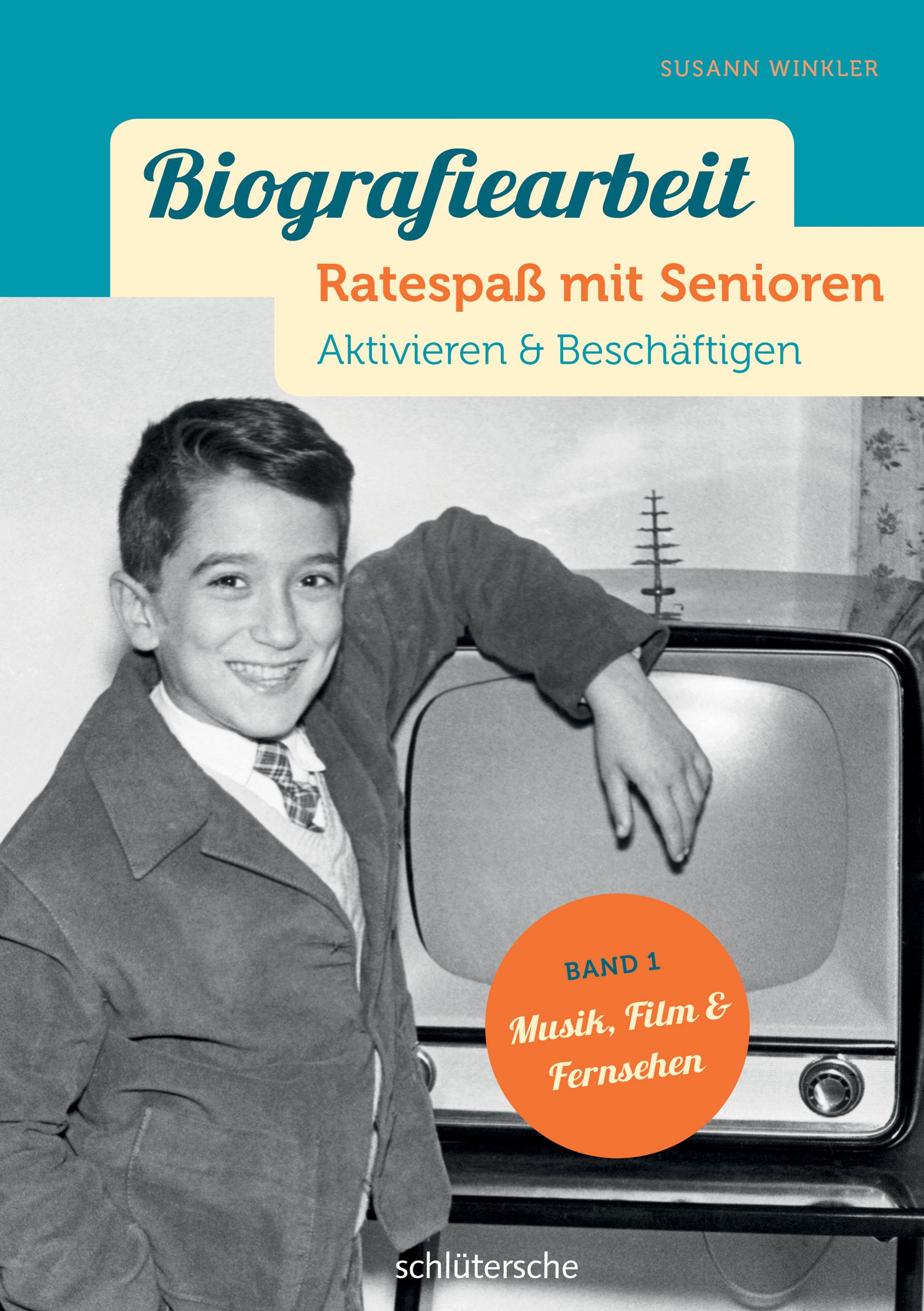 Buchcover: Biografiearbeit, Ratespaß mit Senioren. Junge Person an einem Fernseher. Titel, Autor, Band 1: Musik, Film & Fernsehen.