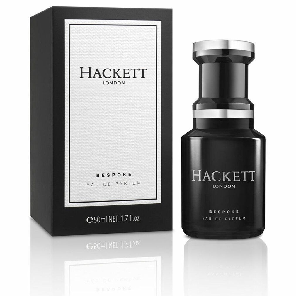Schwarzer Flakon und Schachtel. Aufschrift: HACKETT LONDON, BESPOKE, EAU DE PARFUM. 50ml NET. 1.7 fl.oz.