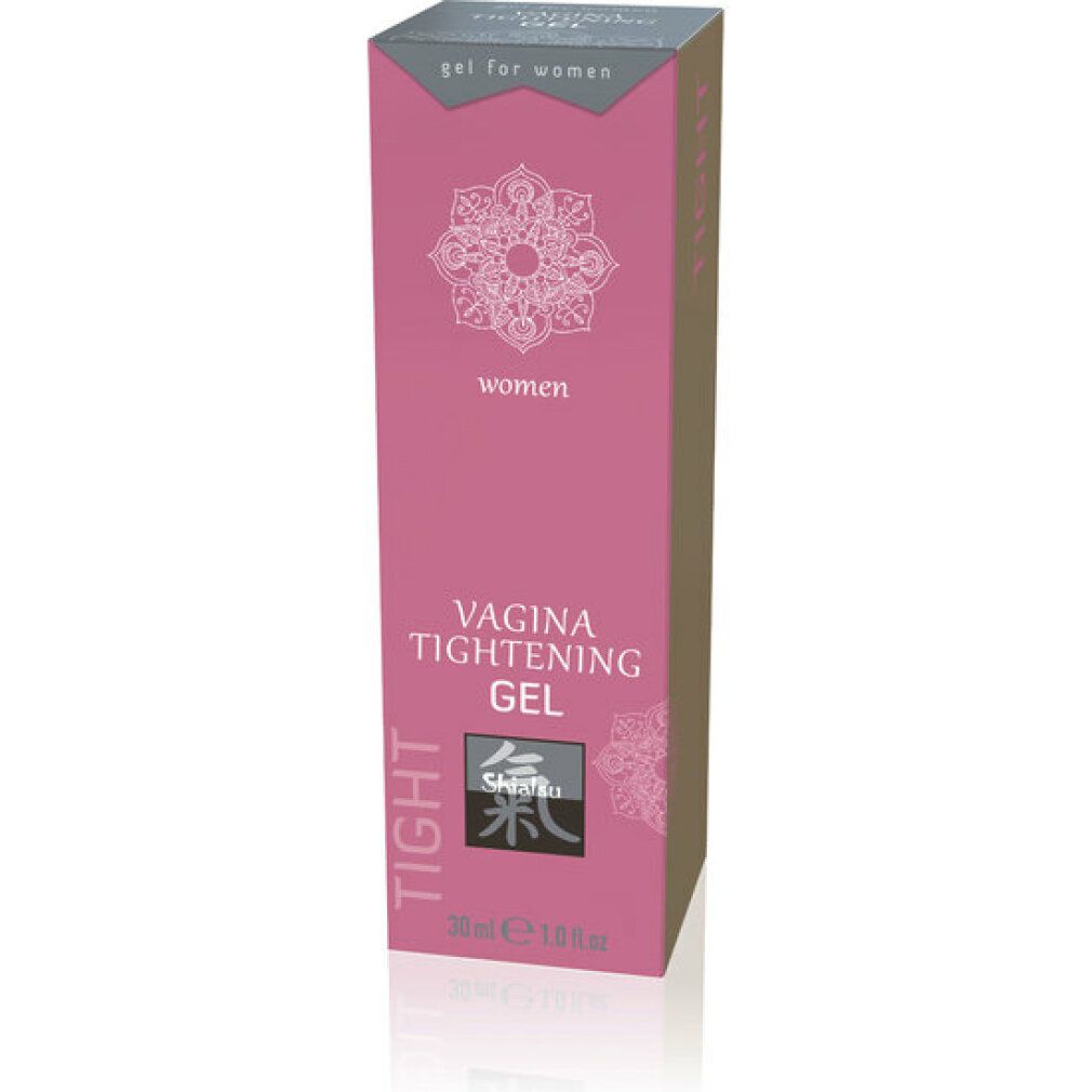 Rosa Verpackung mit Produktbezeichnung und Logo. Text: Vagina Tightening Gel. Marke: Shiatsu. Volumen: 30 ml.