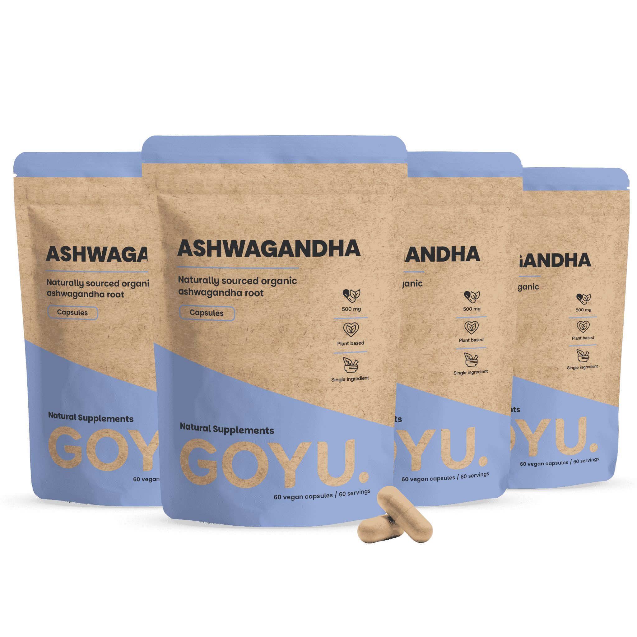 Vier Packungen Ashwagandha-Kapseln von GOYU.YU. Natürliche Nahrungsergänzungsmittel, 60 vegane Kapseln pro Packung.