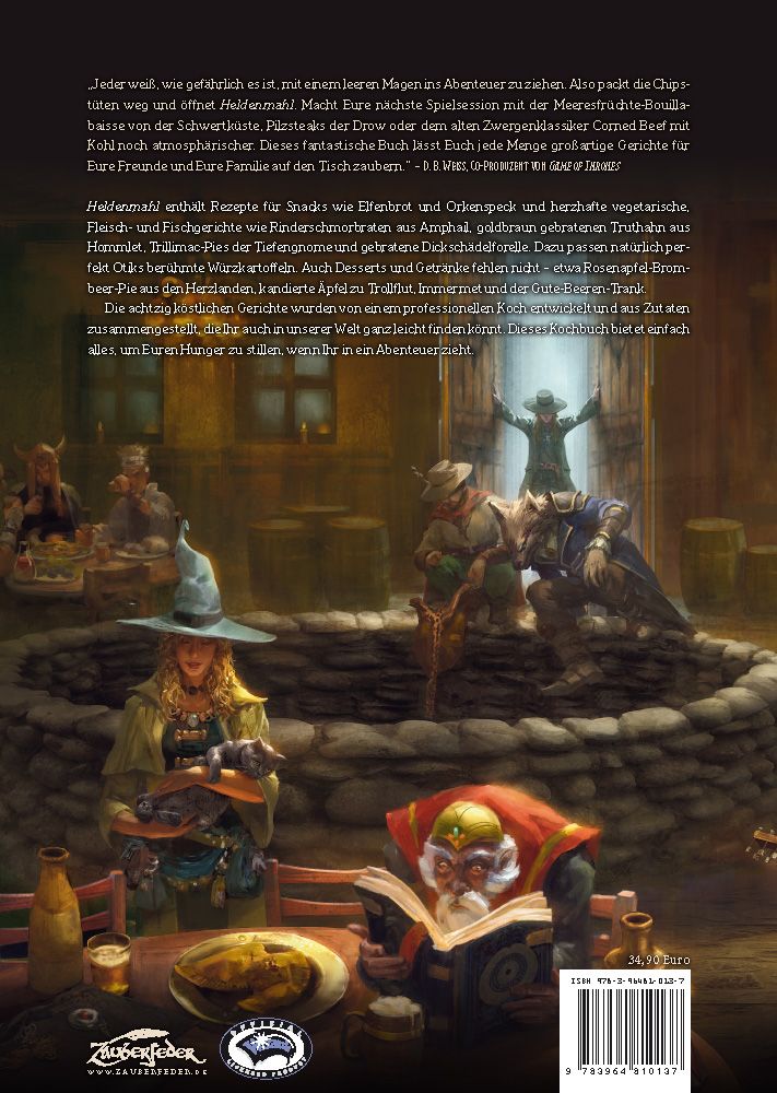 Buchrücken von Dungeons & Dragons Heldenmahl. Text und Illustrationen. ISBN-Code und Preis.