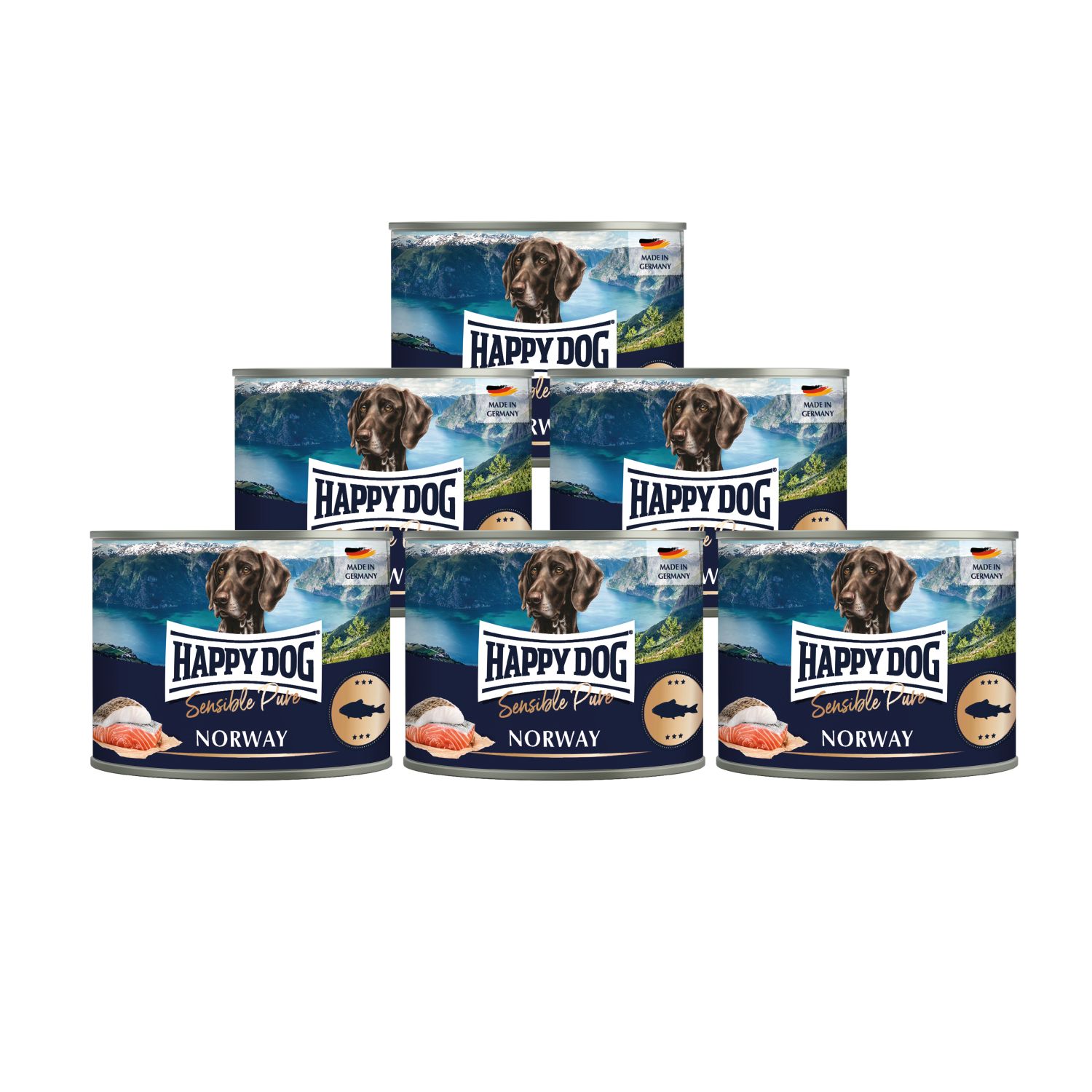 Mehrere Dosen Hundefutter, Happy Dog, Sensible Pure Norway. Aufschrift mit Hund, Landschaft und Fisch.