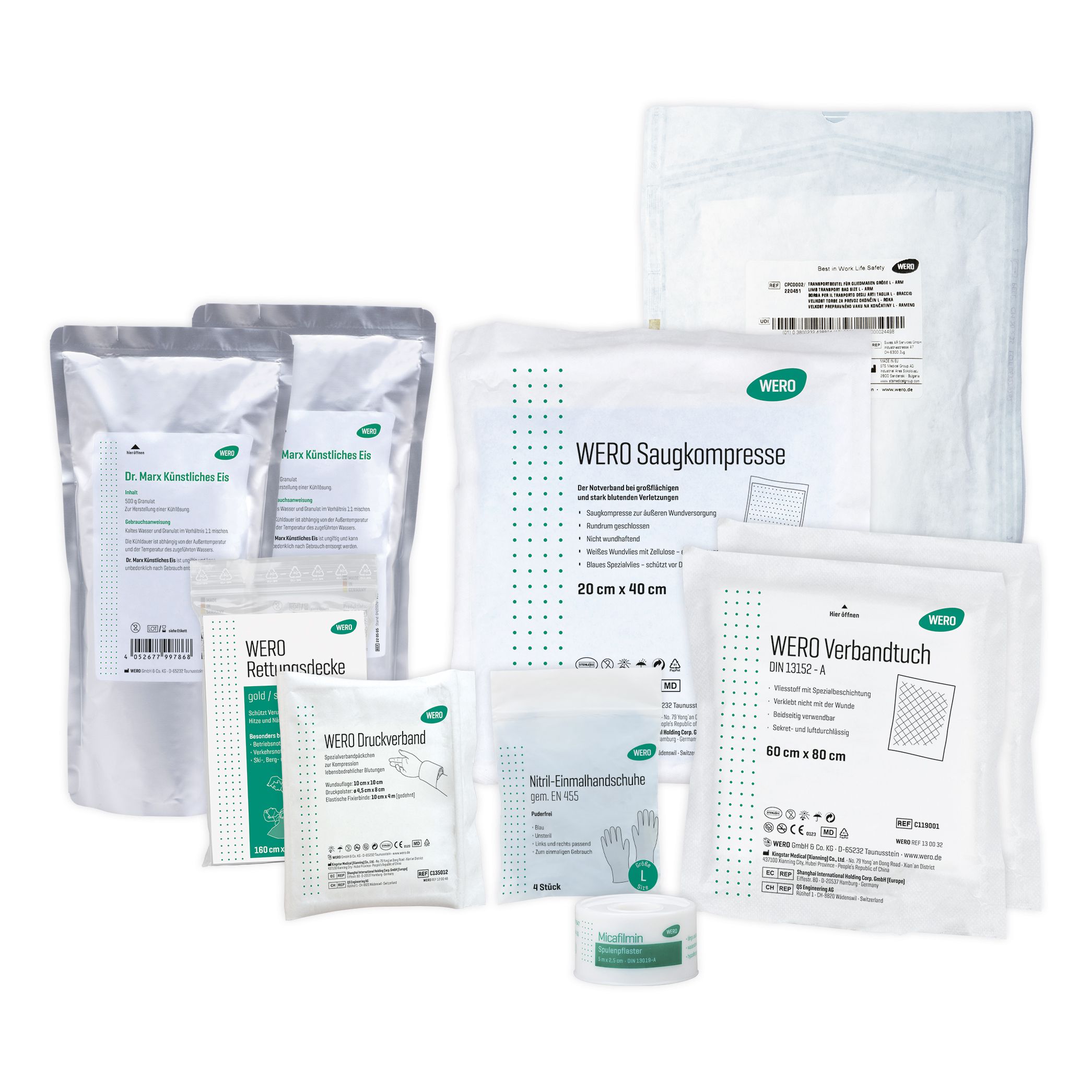 Verbandmittel-Set. Mehrere verpackte medizinische Produkte, darunter Kompressen, Tücher, Handschuhe und Salbe. WERO-Logo auf Verpackungen.