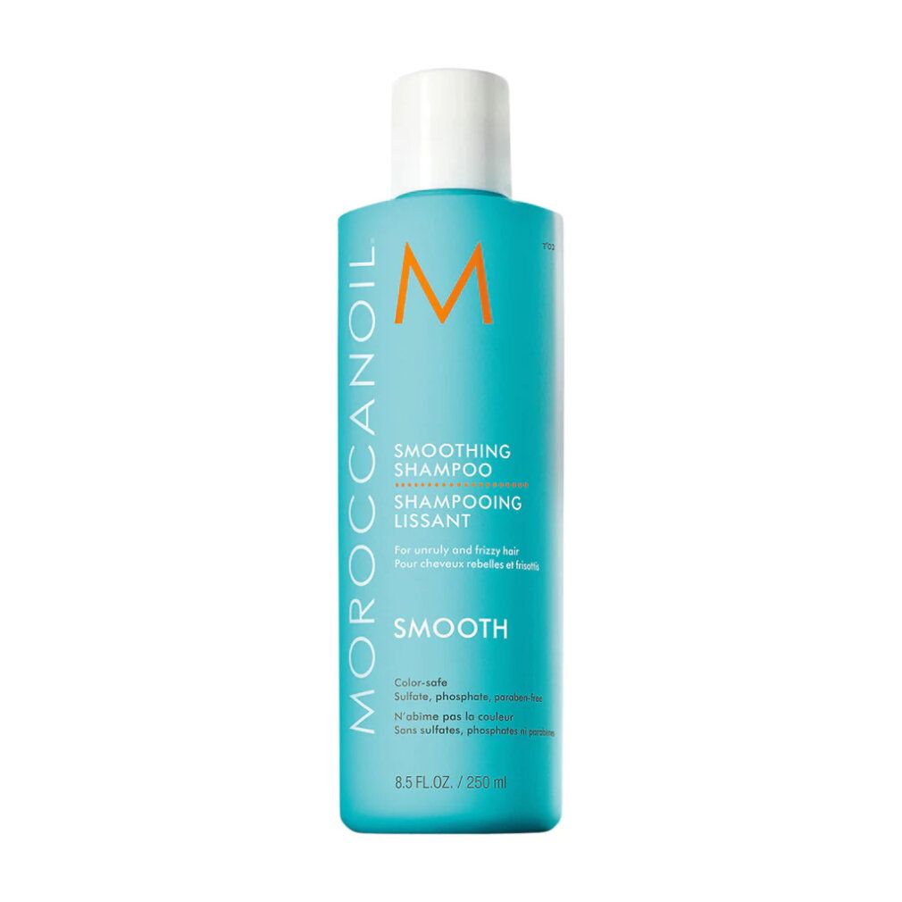 Türkisgrüne Flasche mit weißem Deckel. Moroccanoil Smoothing Shampoo. Text: Smooth, 8.5 FL.OZ./250 ml.