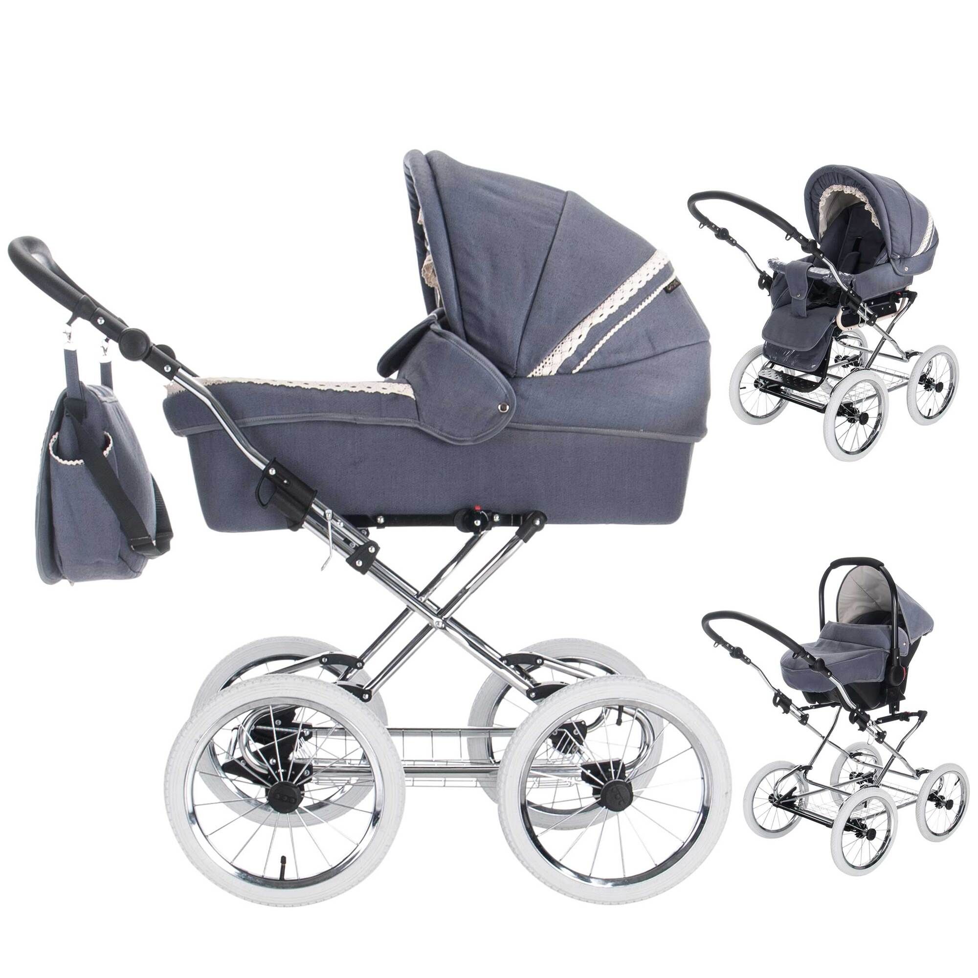 Blau-grauer Kinderwagen mit silbernem Gestell, weißem Reifen und Tasche. Mehrere Ansichten.