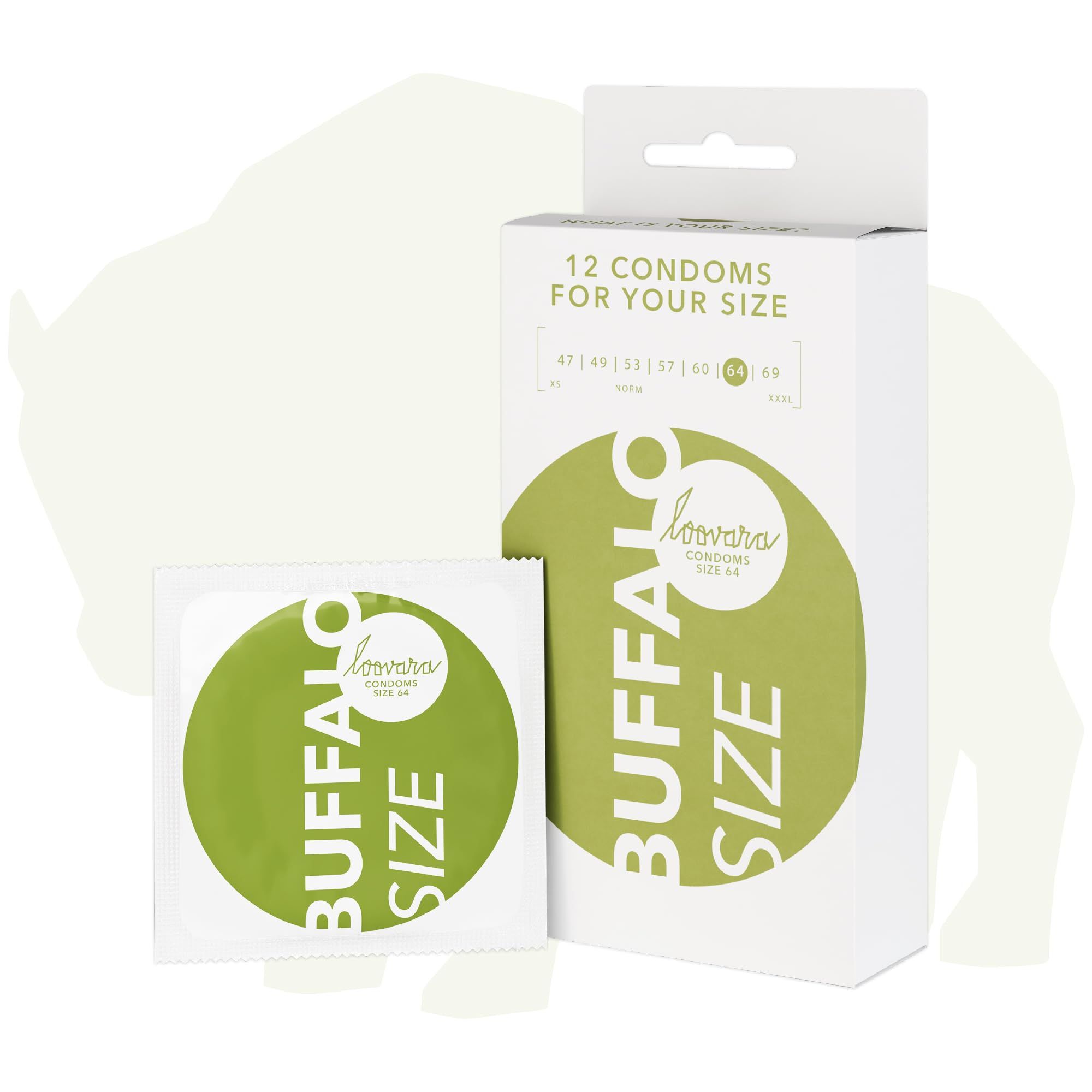 Verpackung Loovara BUFFALO Kondome, Größe 64 mm, mit einzeln verpacktem Kondom.