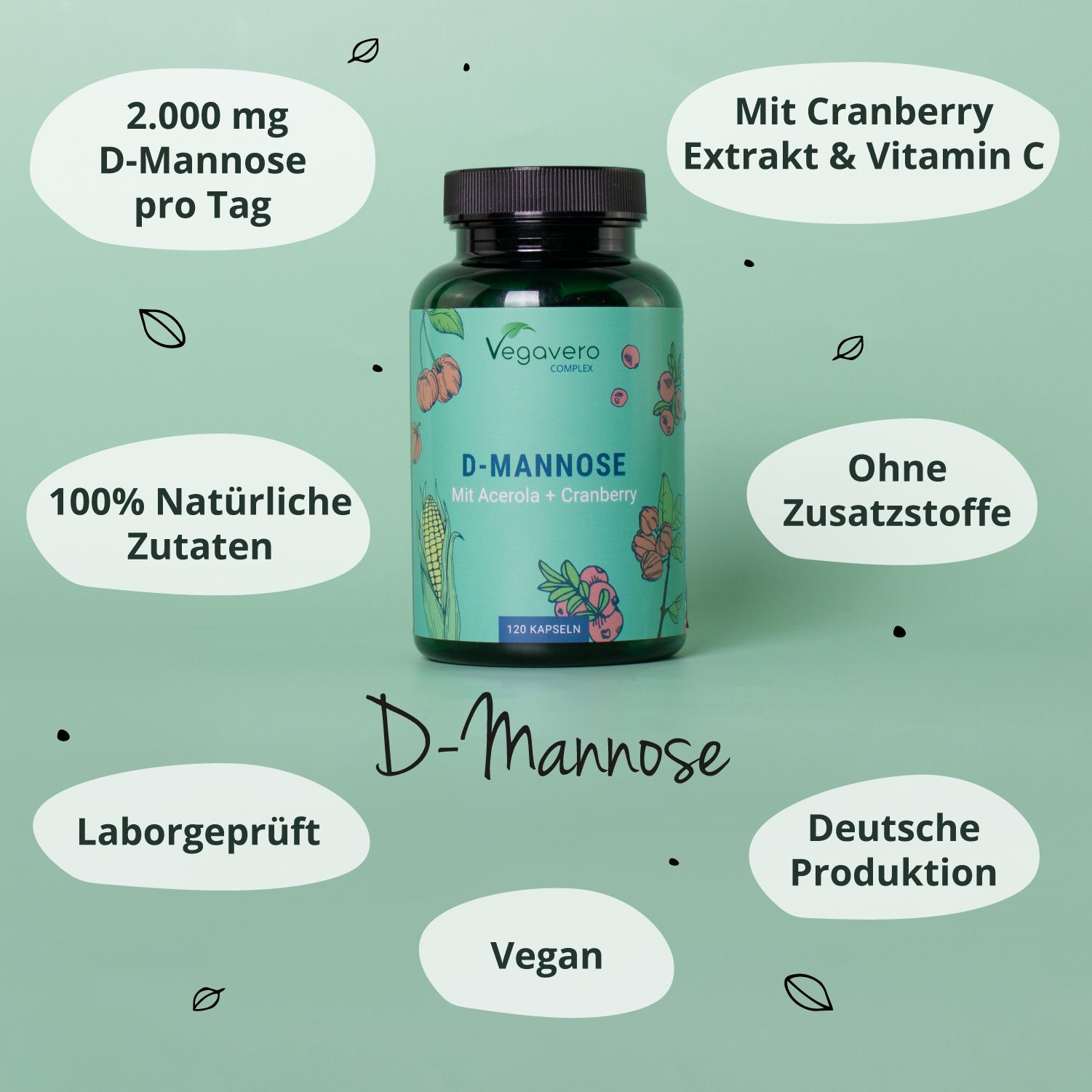 Flasche Vegavaro D-Mannose mit Text: 2.000 mg D-Mannose pro Tag, 100% Natürliche Zutaten, Ohne Zusatzstoffe, Deutsche Produktion, Vegan.