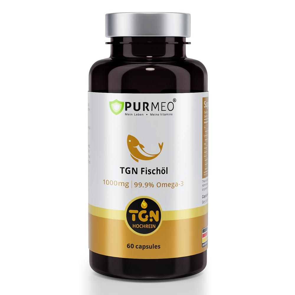 Braune Flasche mit silbernem Deckel. Aufschrift: PURMEO, TGN Fischöl, 1000mg, 99,9% Omega-3, 60 Kapseln.