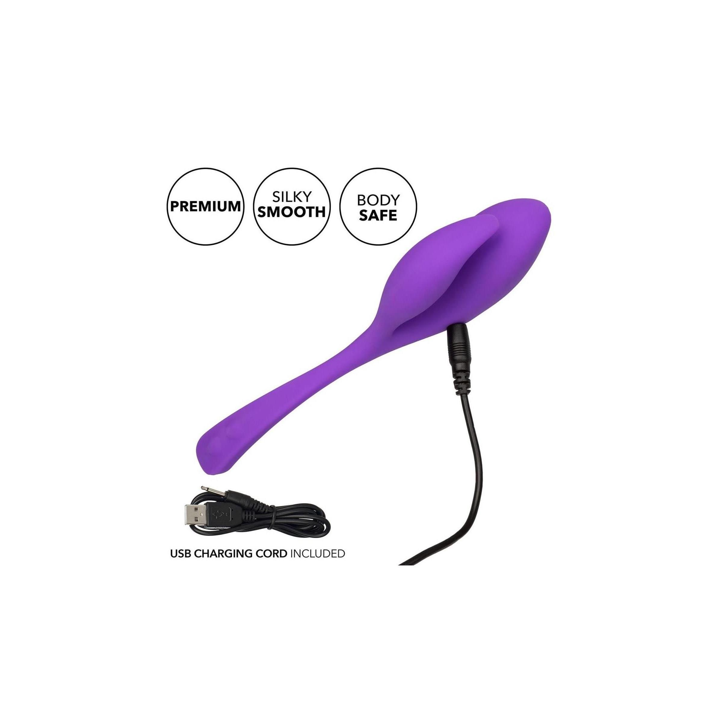 Lila Produkt mit USB-Ladekabel. Text: Premium, seidig glatt, körperfreundlich. USB-Ladekabel enthalten.
