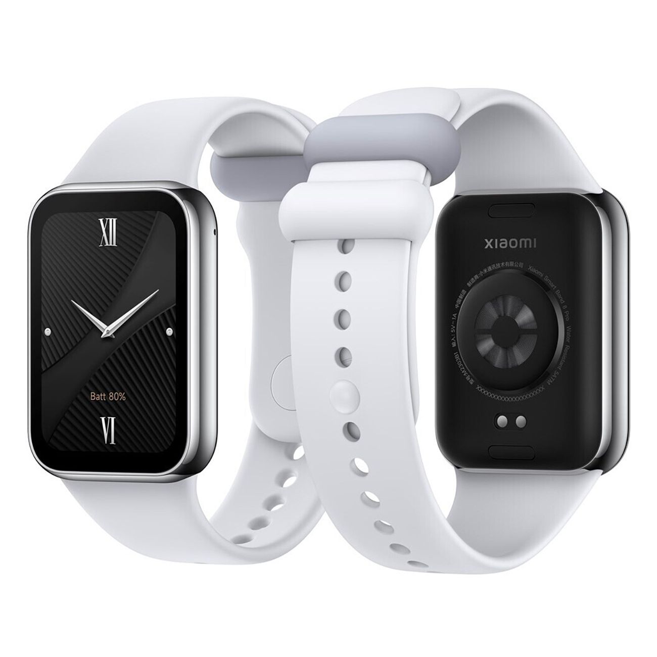 Fitness-Tracker mit weißem Armband. Vorder- und Rückseite. Schwarzes Display mit Uhrzeit, Rückseite mit Logo.