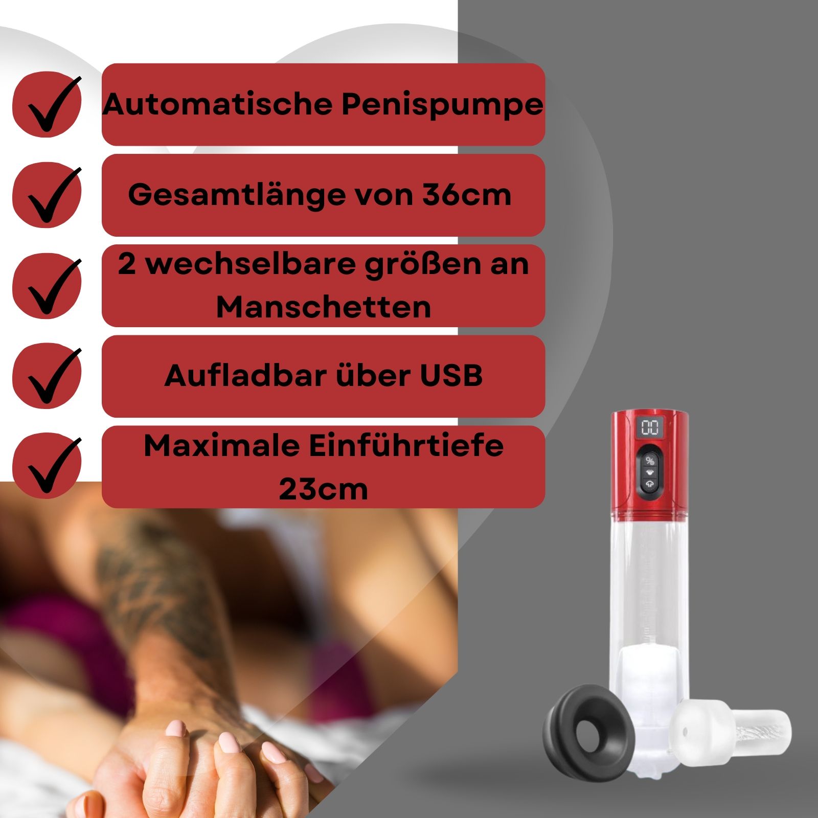 Automatische Penispumpe. Gesamtlänge 36cm, 2 Manschetten, USB-Aufladung, maximale Einführungstiefe 23cm. Paar im Hintergrund.
