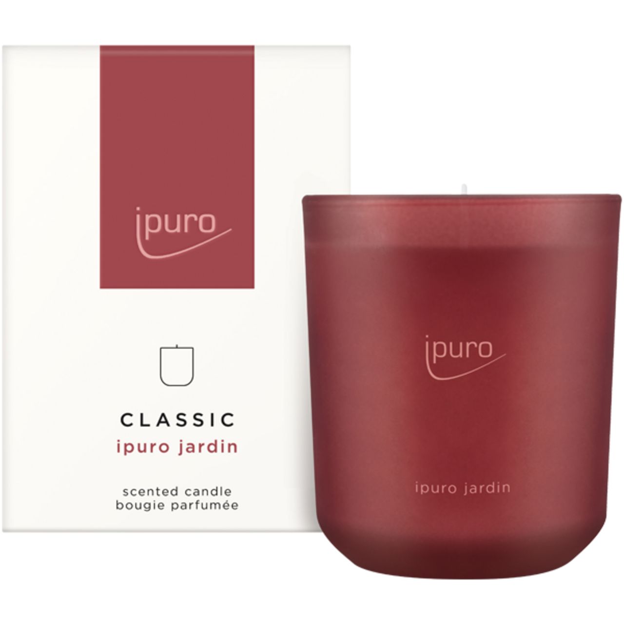 Rote Duftkerze und Verpackung. Aufschrift: Ipuro, Classic Jardin. Kerze im Glas.