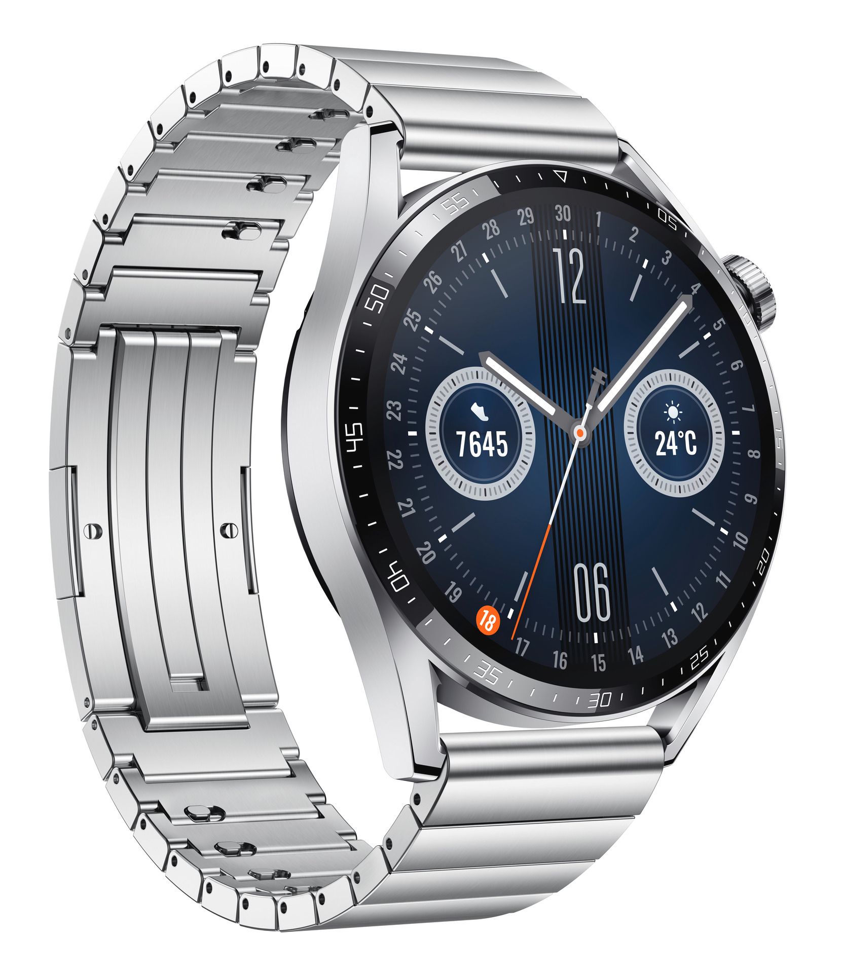 Silberne Smartwatch mit Metallarmband. Zifferblatt mit Uhrzeit und Datenanzeige. Gehäuse aus Edelstahl.