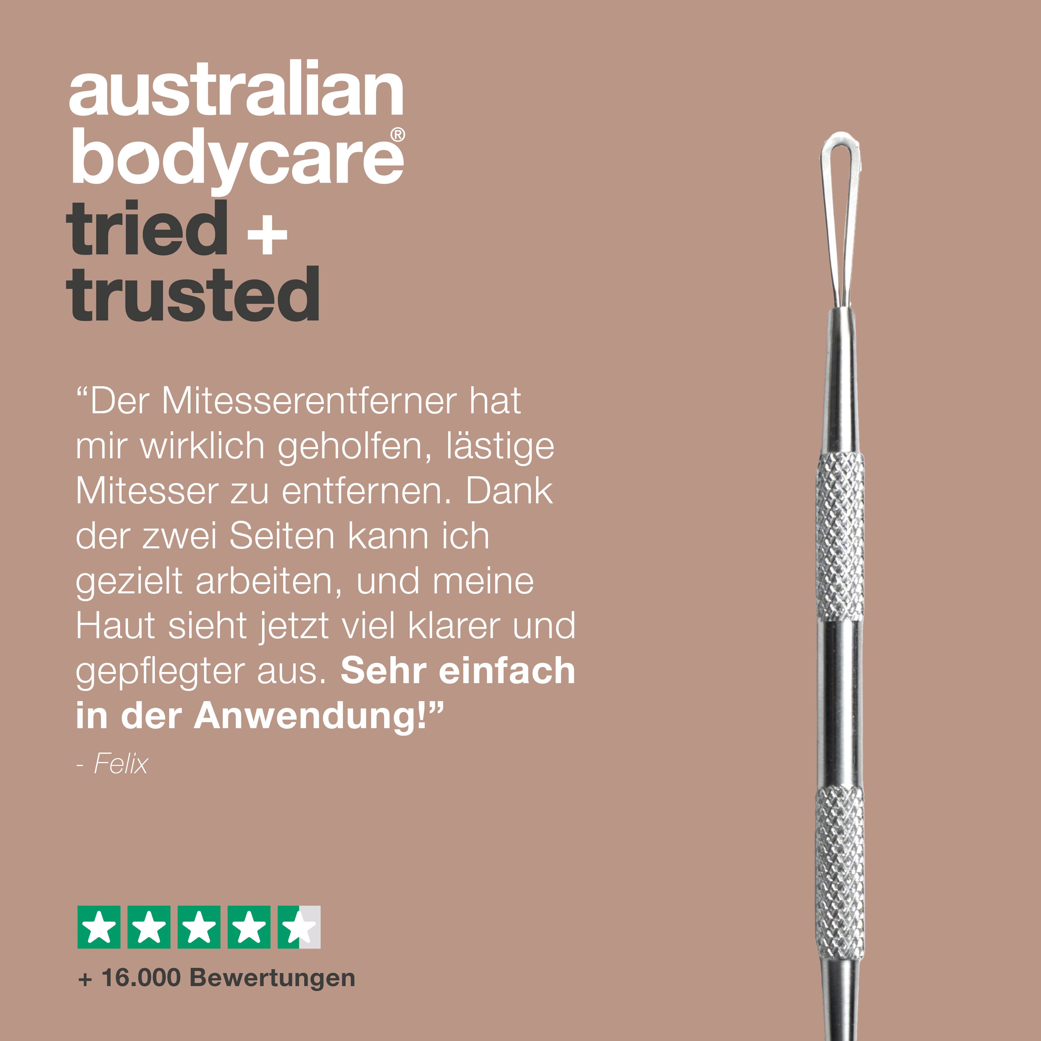 Mitesserentferner aus Edelstahl. Text: Erfahrungsbericht, 5 Sterne Bewertung, +16.000 Bewertungen.