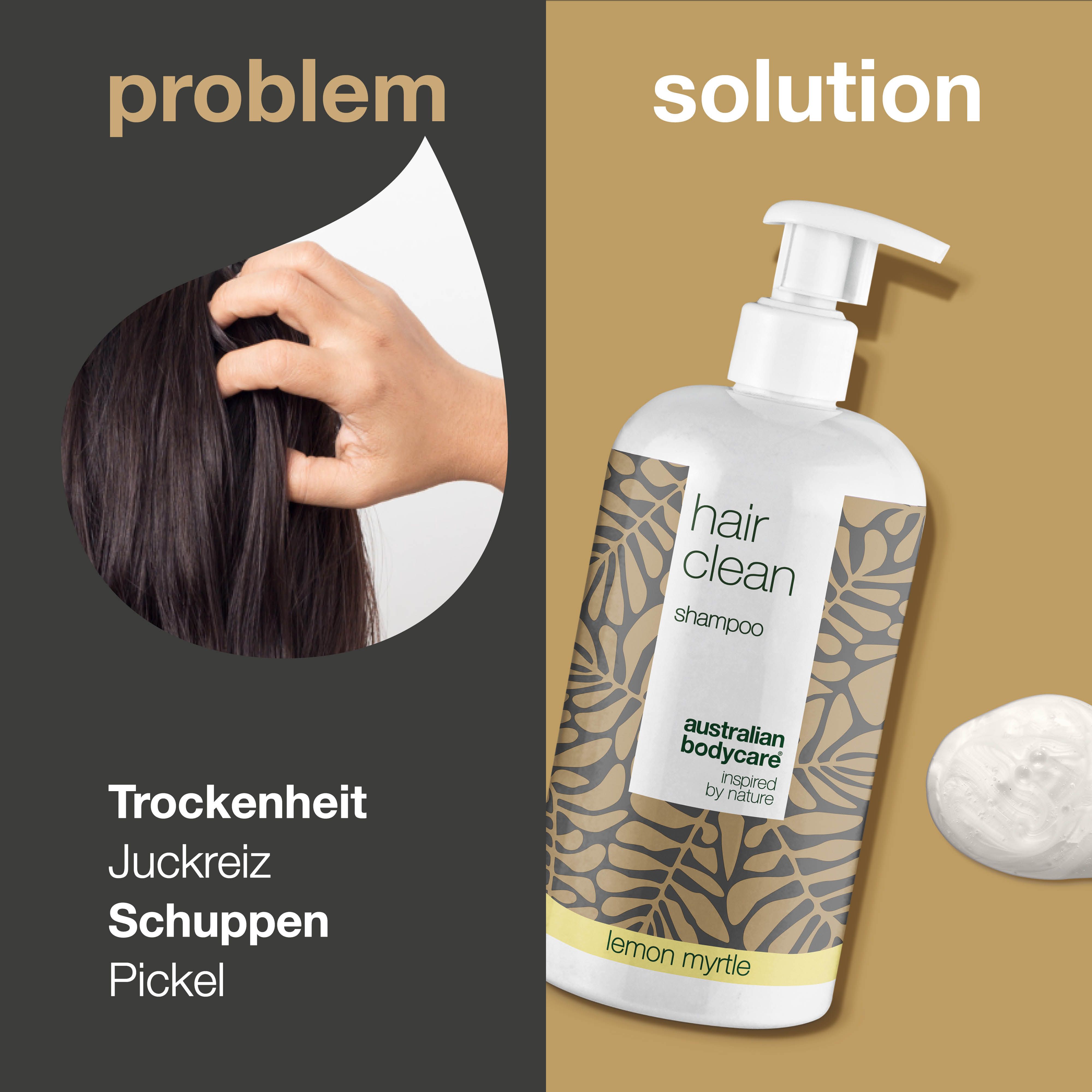 Haarproblem und Lösung. Shampoo-Flasche mit Text. Hand berührt Kopfhaut. Text: Trockenheit, Juckreiz, Schuppen, Pickel.