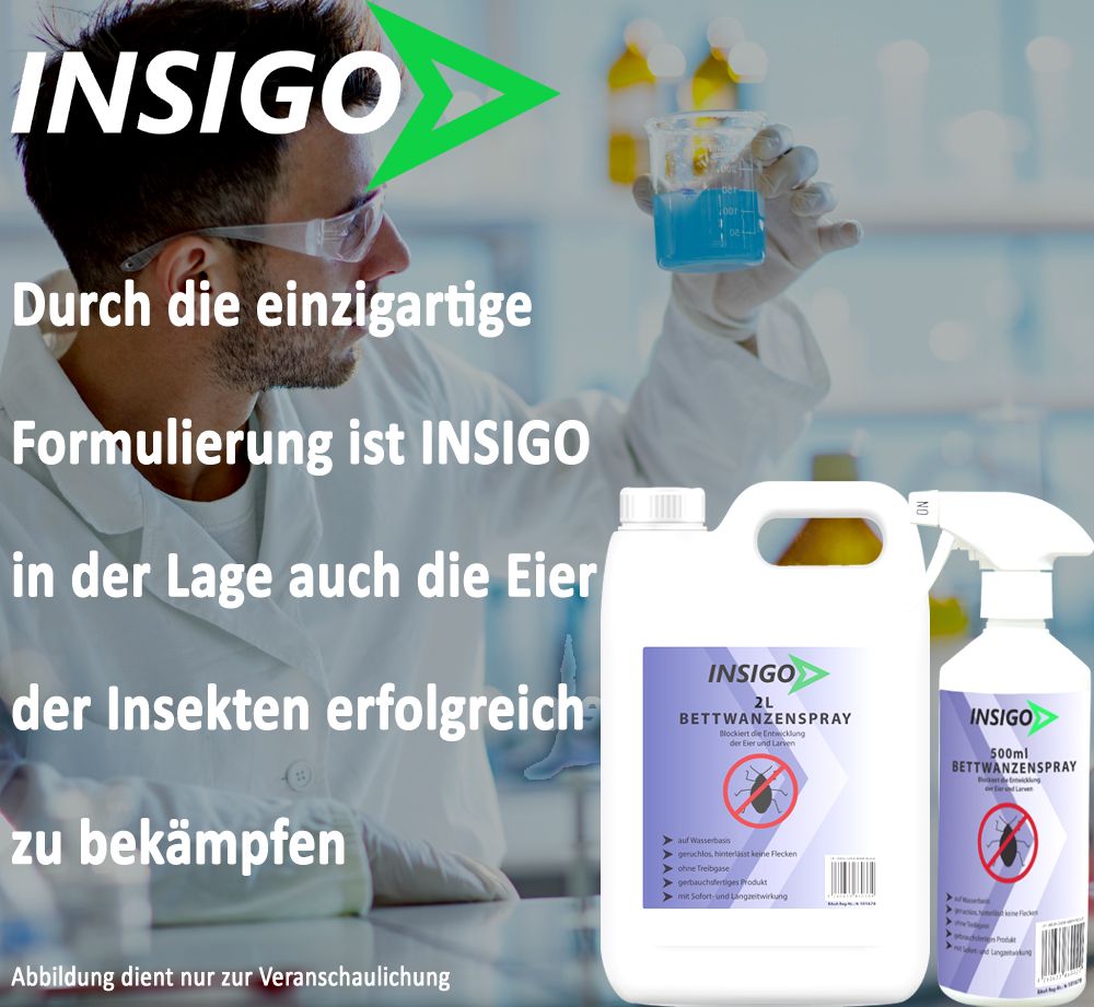 Mann im Labor mit Schutzbrille. Im Hintergrund: Behälter und Sprühflasche mit INSIGO Bettwanzenspray.