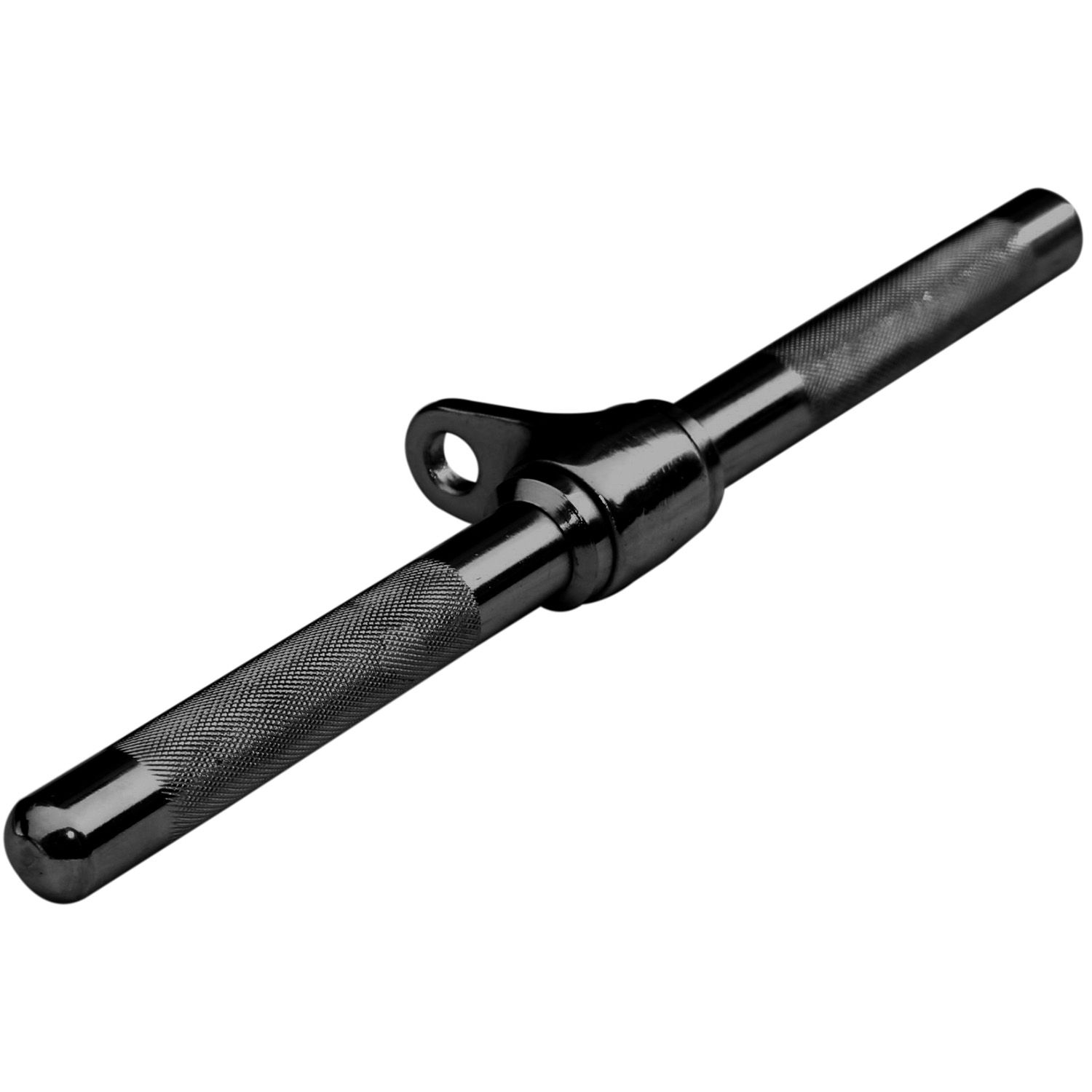 Schwarze Bizeps-Trizeps-Stange mit geriffelten Griffen und seitlichem Befestigungsloch. Metallkonstruktion.