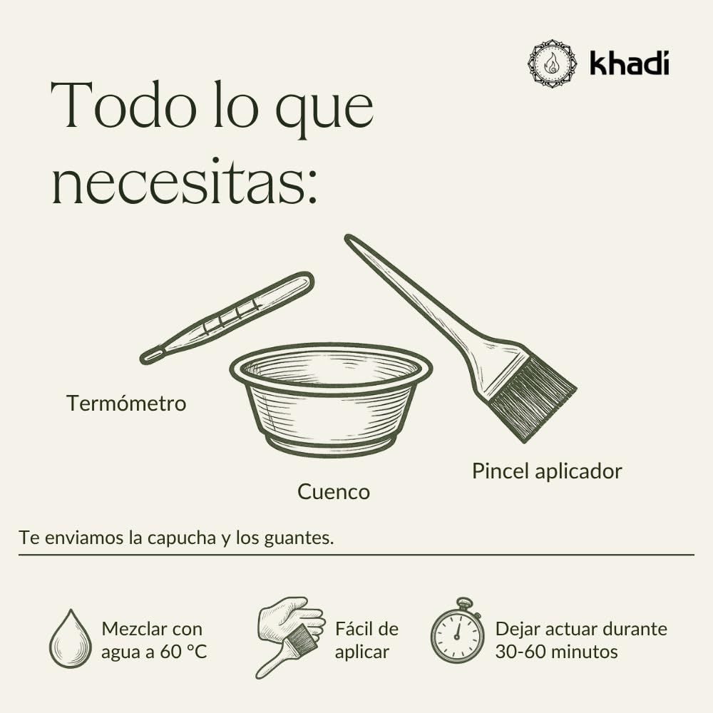 Abbildung von Utensilien: Thermometer, Schüssel, Applikatorpinsel. Text: 'Todo lo que necesitas'. Anweisungen: Mischen, Auftragen, Einwirken lassen.