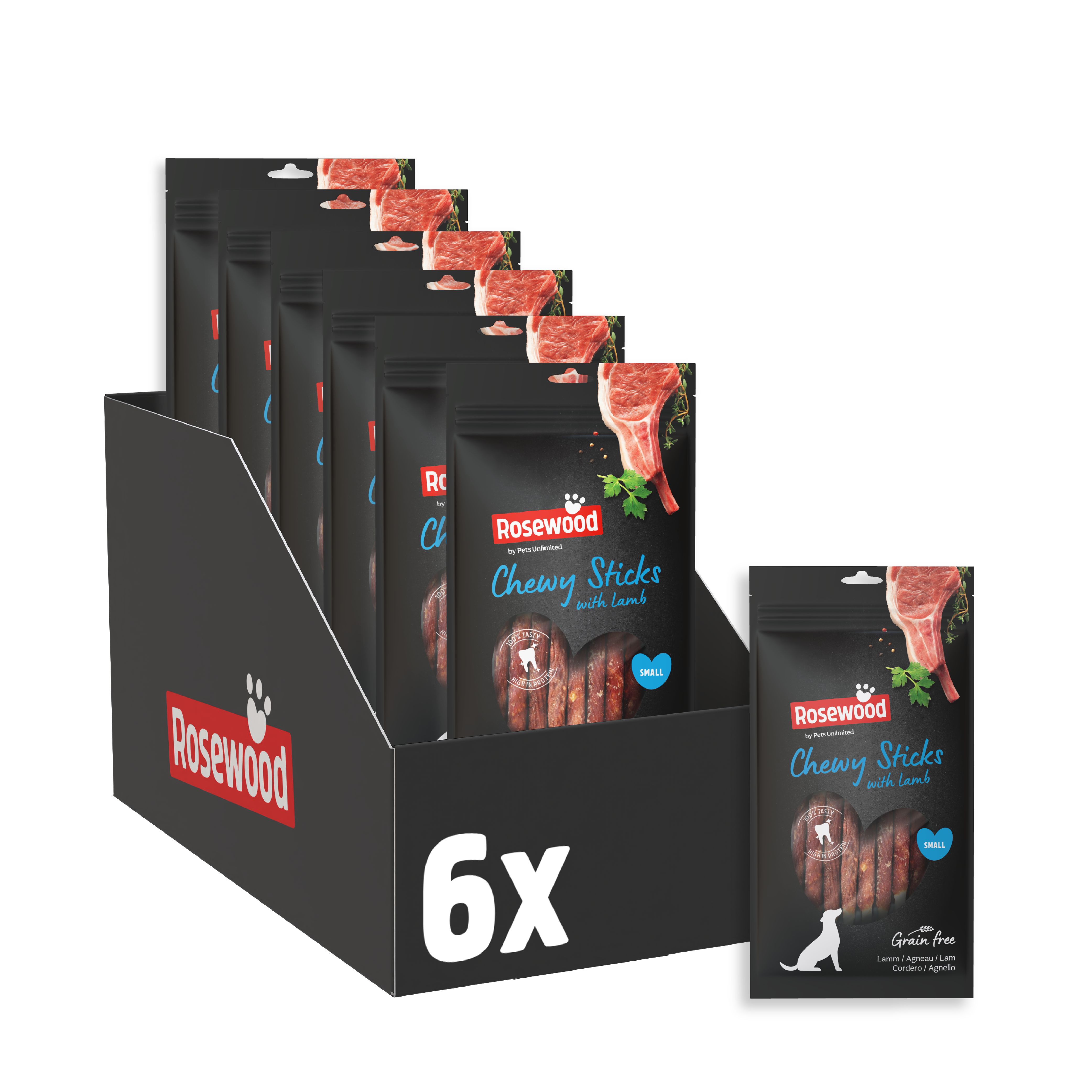 Verpackung mit Rosewood Chewy Sticks mit Lamm. Sechs Packungen in einem Display. Aufdruck: 6x. Produktname und Logo sichtbar.