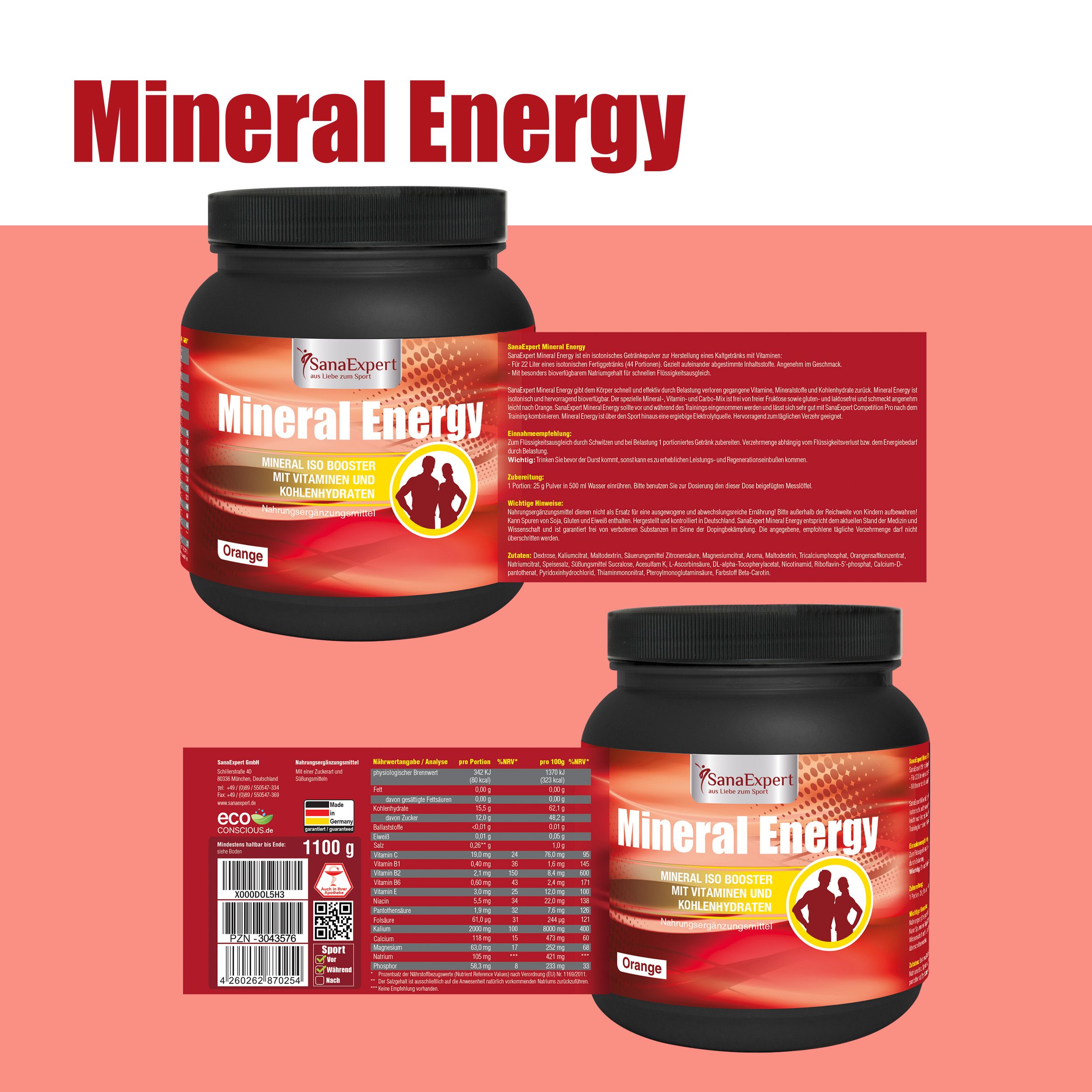 Zwei SanaExpert Mineral Energy-Behälter. Schwarze Behälter mit orangefarbenen Etiketten. Produktname und Details sichtbar.