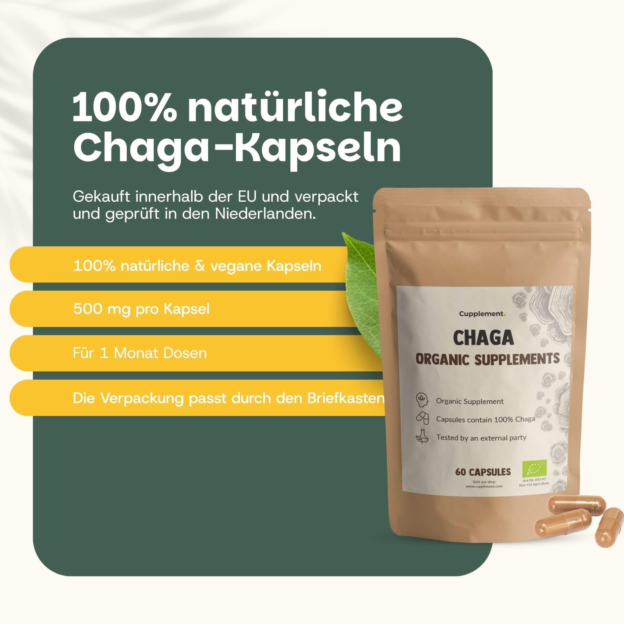 Brauner Beutel mit Cupplement Chaga 500 mg BIO. Text: 100% natürliche Kapseln, 500 mg pro Kapsel.