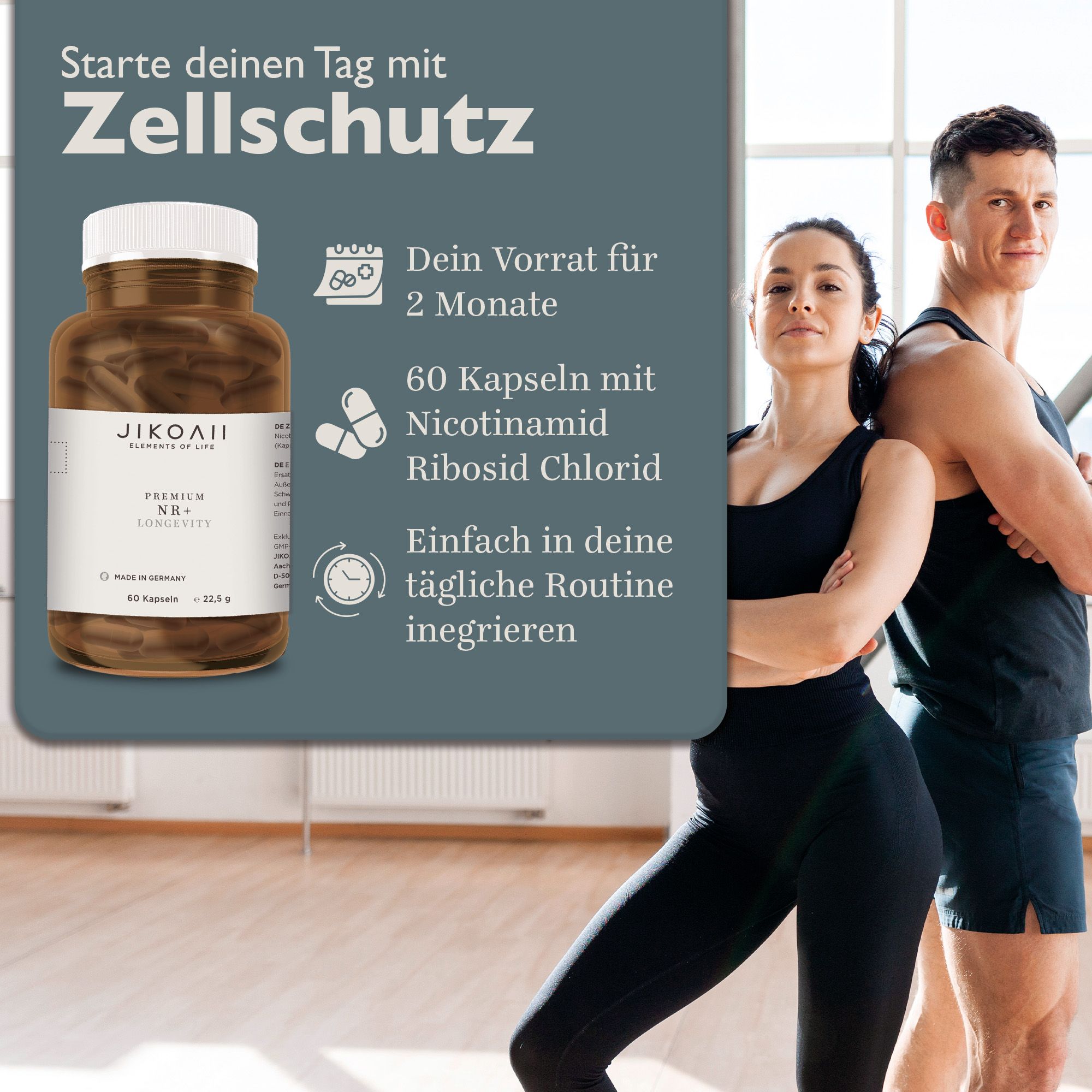 Braune Flasche mit Kapseln. Text: JIKOAII, Premium NR+, 60 Kapseln, 22,5 g. Text über Zellschutz. Zwei Personen im Fitnessstudio. Text: 60 Kapseln mit Nicotinamid Ribosid.