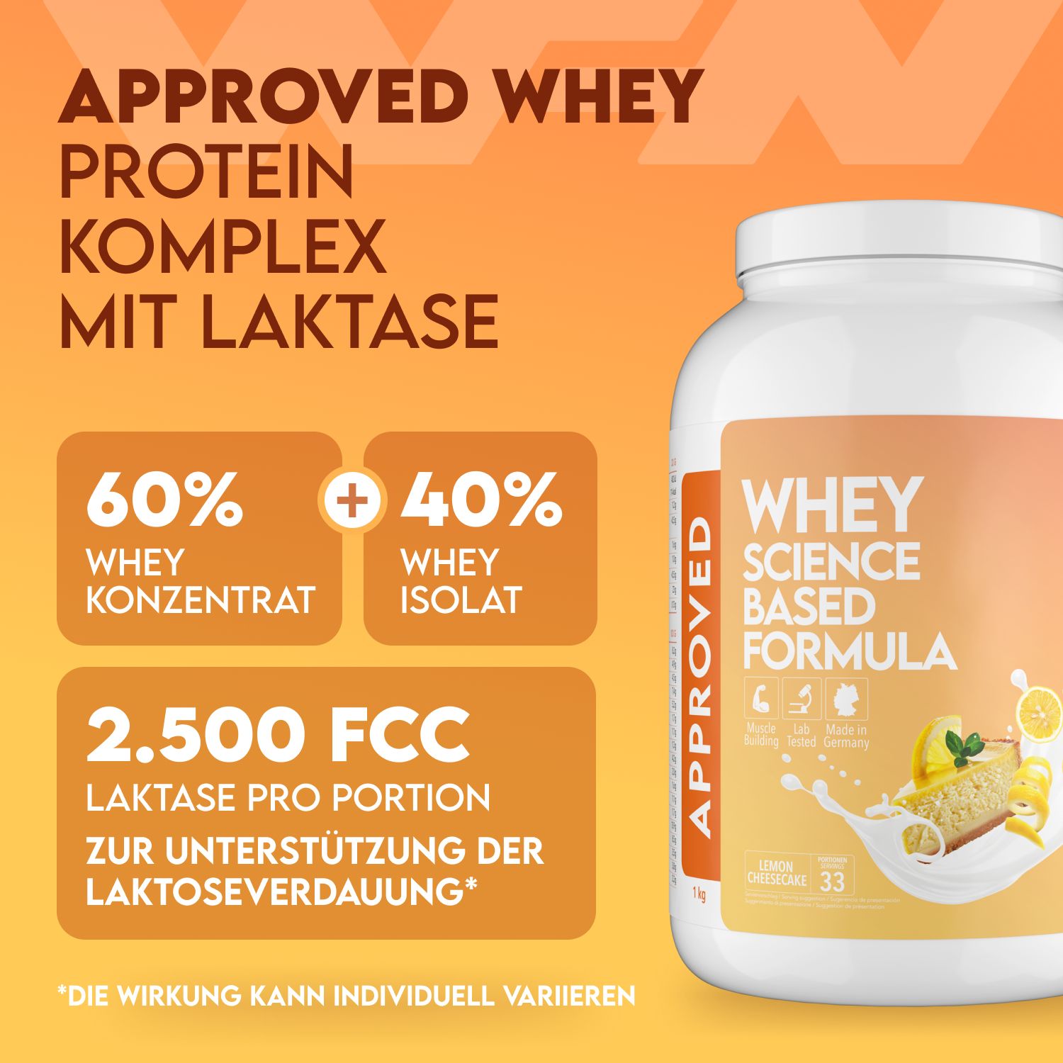 Weiße Dose mit Aufschrift "APPROVED WHEY". Enthält 60% Whey Konzentrat und 40% Whey Isolat. Mit Laktase.