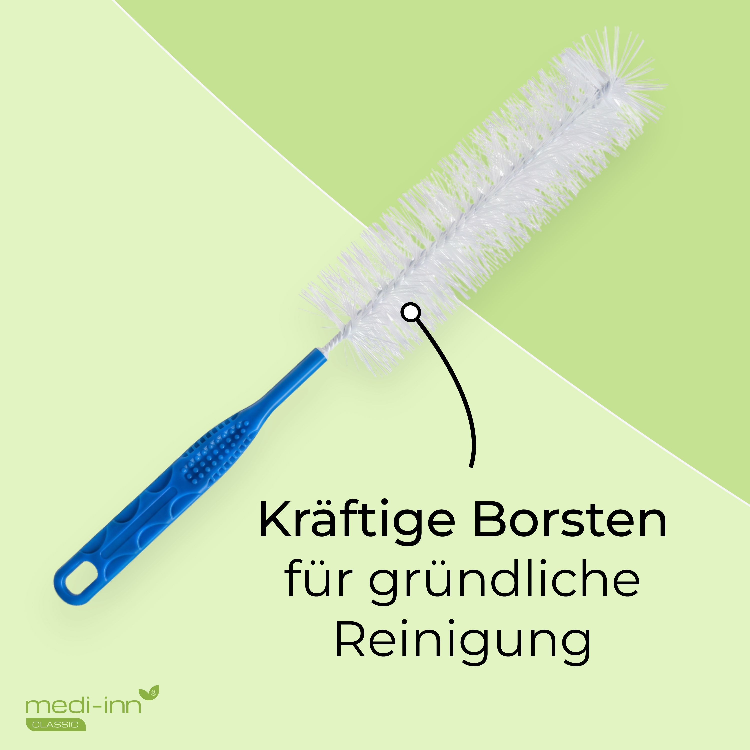 Reinigungsbürste mit blauen Griff und kräftigen Borsten für Urinflaschen.
