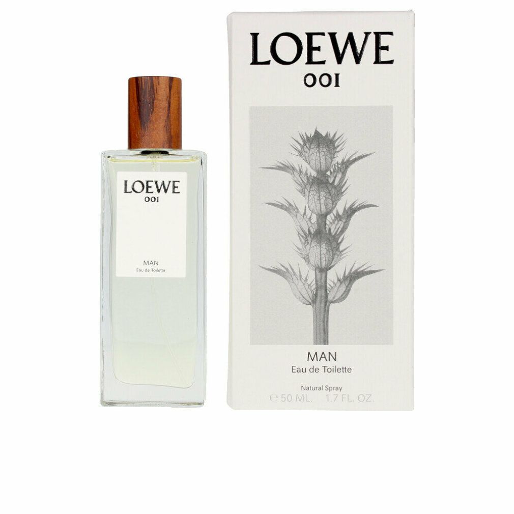 Loewe 001 Man Eau de Toilette Spray und Verpackung. Rechteckiger Flakon neben weißer Schachtel mit floralem Motiv und Produktbezeichnung.
