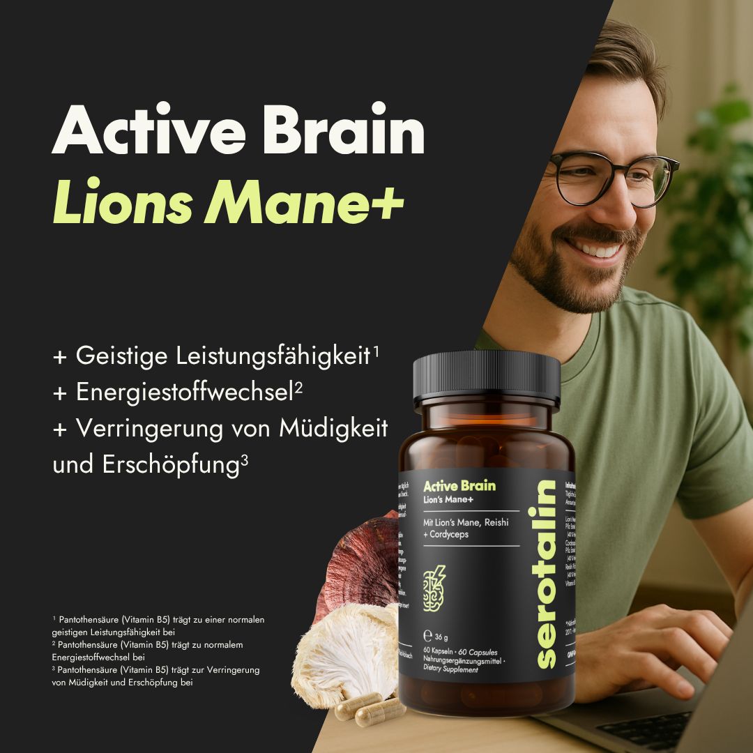 Braune Flasche mit Kapseln. Aufschrift: Active Brain Lions Mane+. Serotalin-Logo. Mann am Laptop.