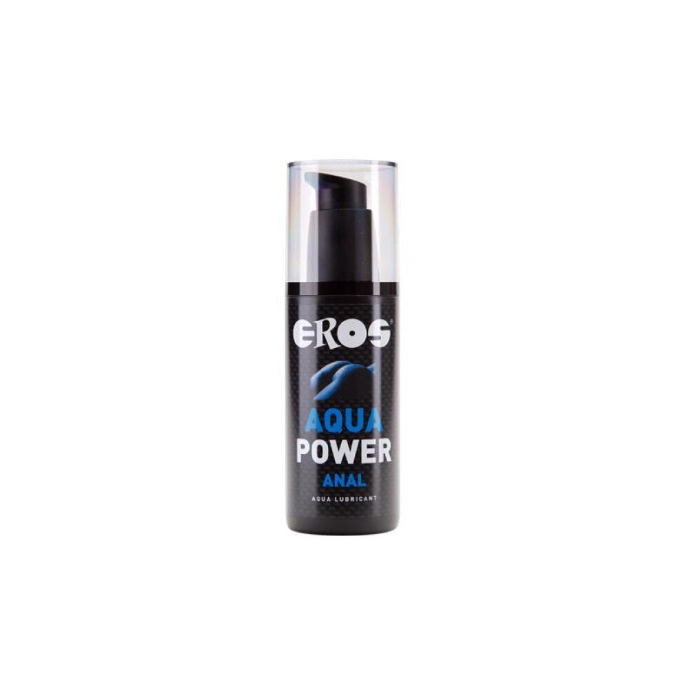 Eros Aqua Power Anal Gleitgel in schwarzer Pumpflasche mit klarem Deckel.