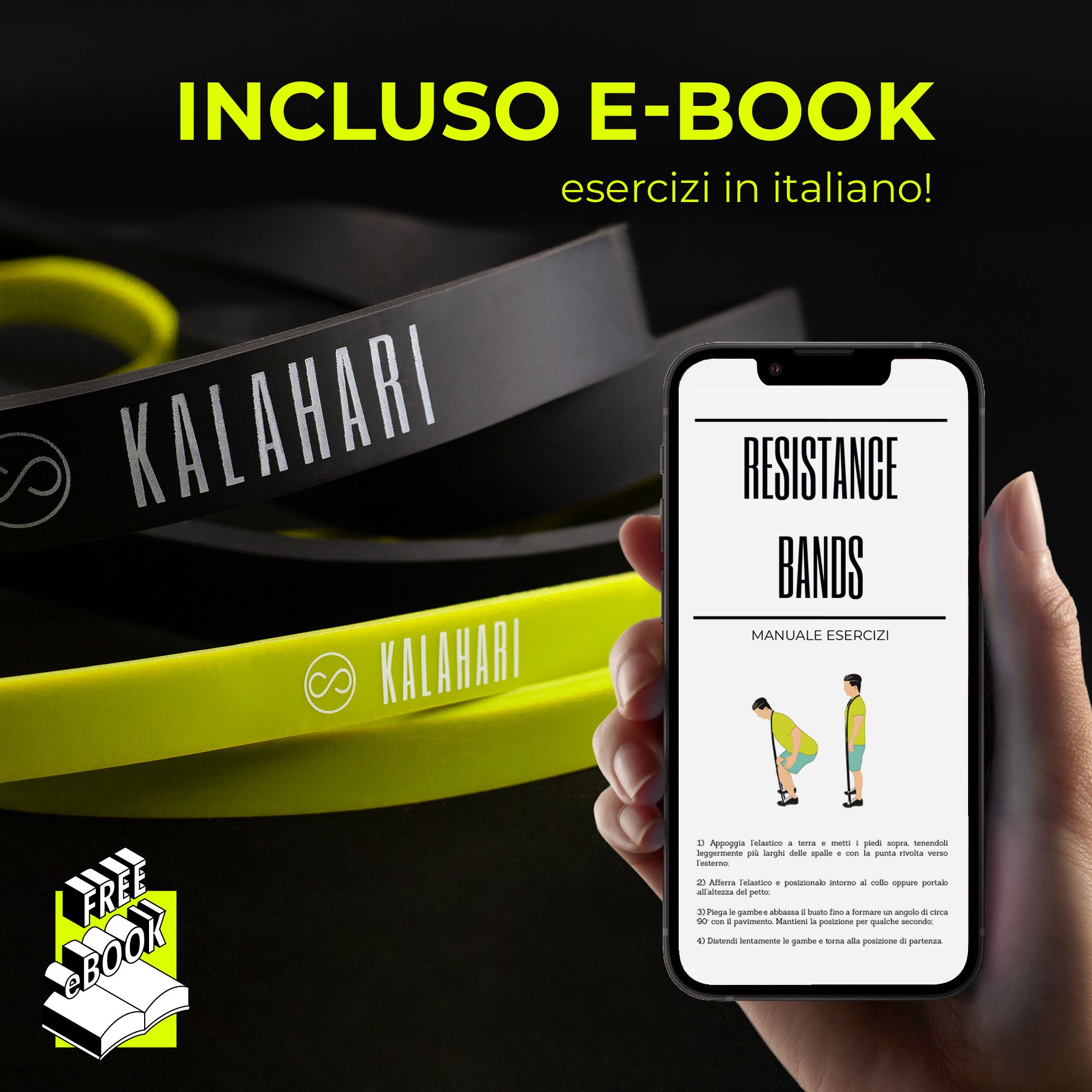 Schwarze und neongrüne Widerstandsbänder mit "KALAHARI"-Logo und Smartphone mit E-Book.