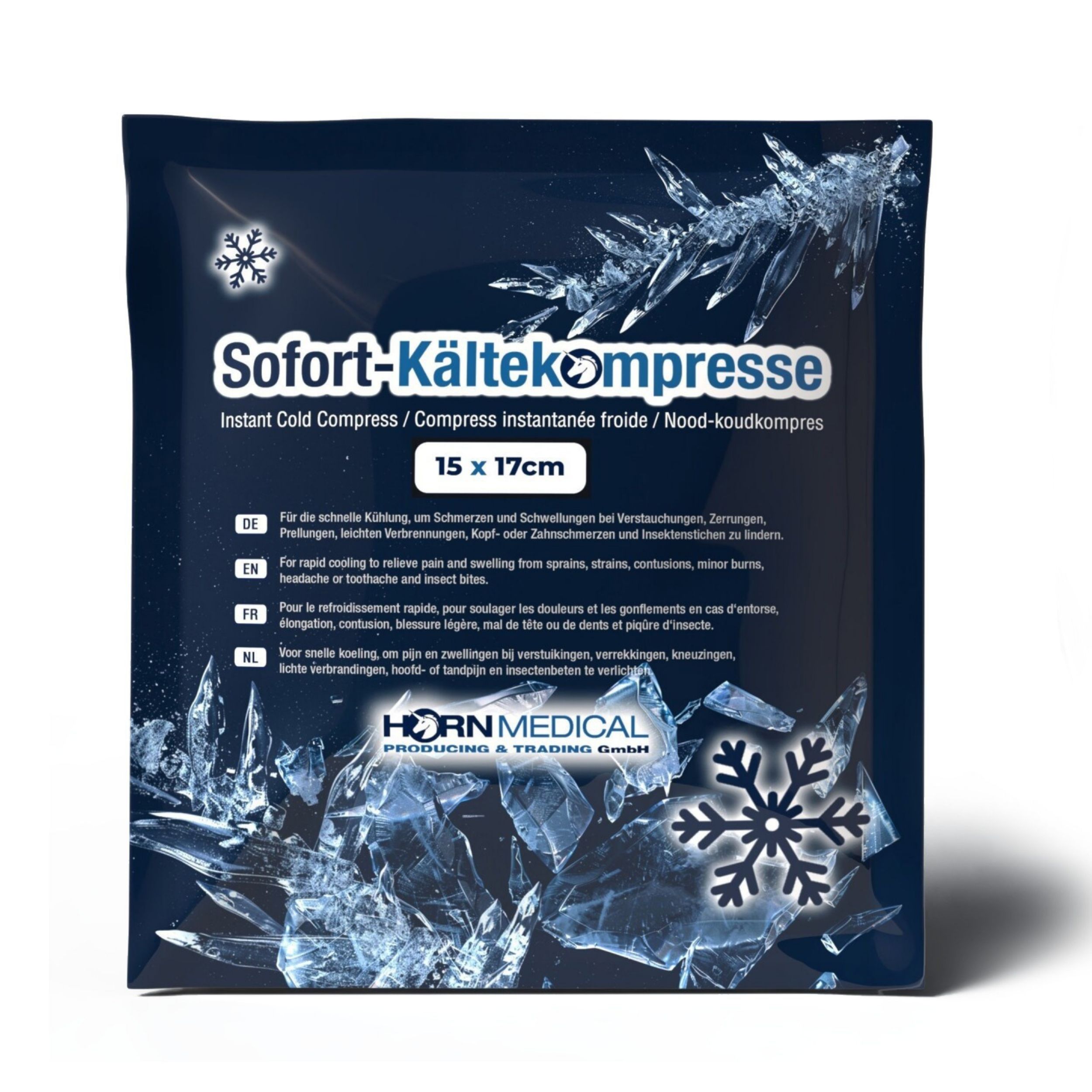 Kältekompresse in Folienverpackung. Text: Sofort-Kältekompresse, 15 x 17cm. Logo: Horn Medical. Schneeflocken-Design.