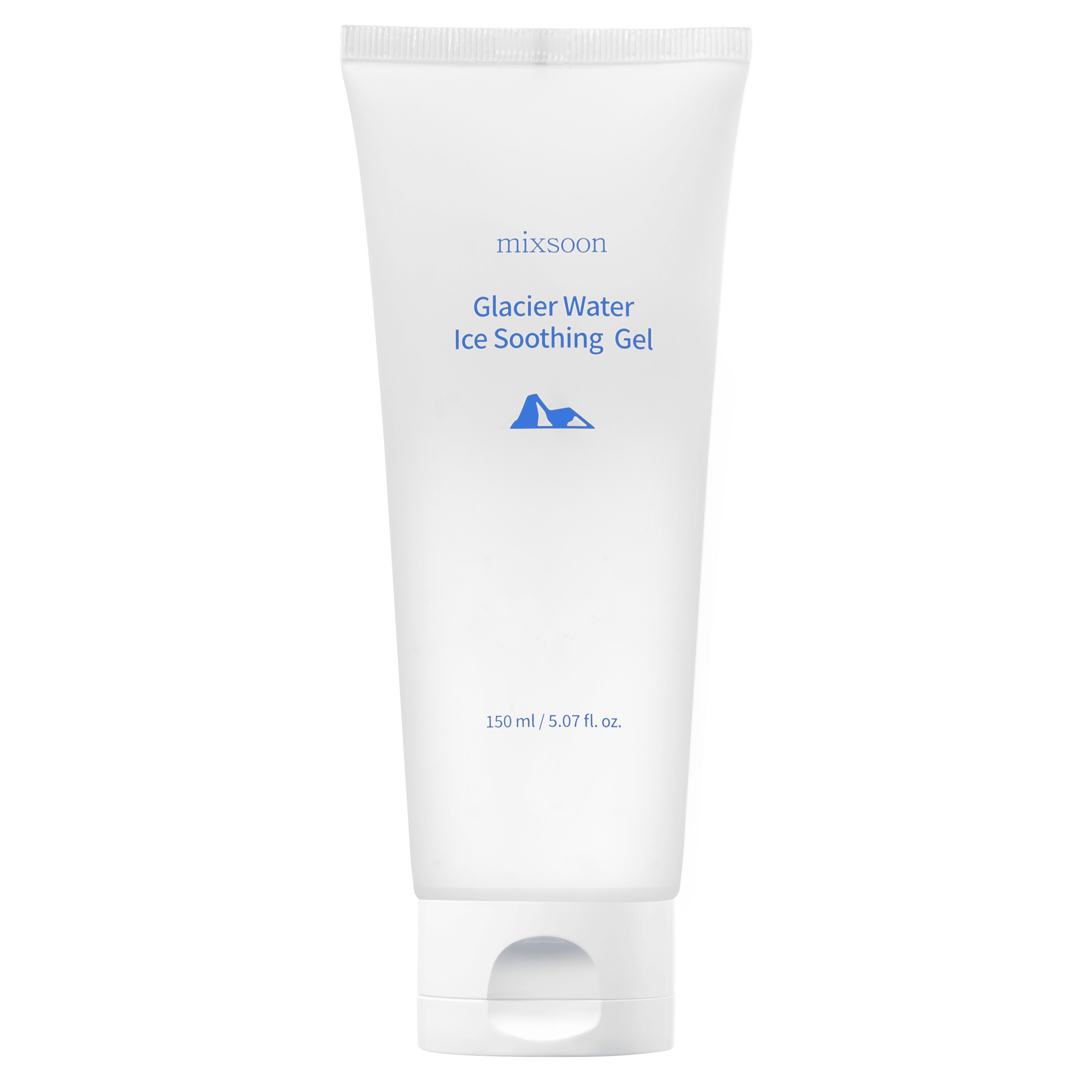 Weißer Tubenbehälter mit blauer Schrift und Logo. Beschriftung: Glacier Water Ice Soothing Gel. Volumenangabe: 150 ml / 5.07 fl. oz.