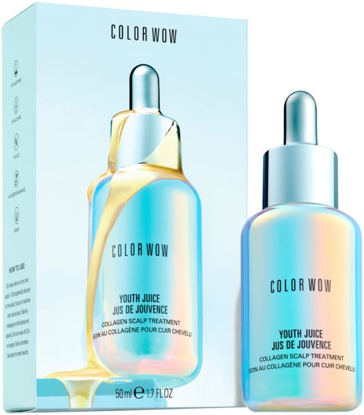 Eine Flasche Color Wow Youth Juice Collagen Scalp Treatment mit Pipette. Flasche mit holografischem Effekt, Text auf dem Etikett.
