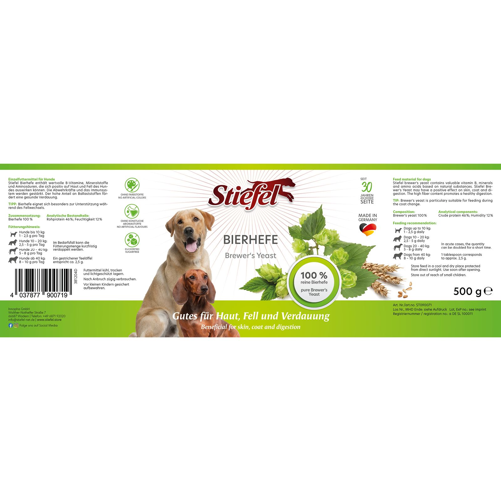 Etikett mit Produktinformationen. Stiefel Bierhefe, 500g. Abbildung von Hunden, Hopfen und Getreide. Text: Gutes für Haut, Fell und Verdauung.