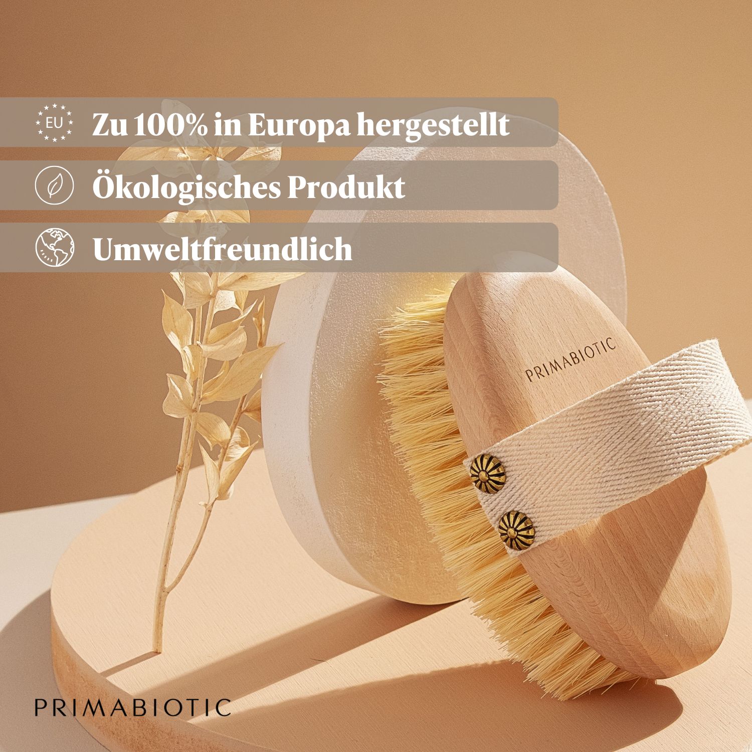 Körpermassagebürste mit Zertifizierungen: Hergestellt in Europa, ökologisch, umweltfreundlich. Marke: Primabiotic.