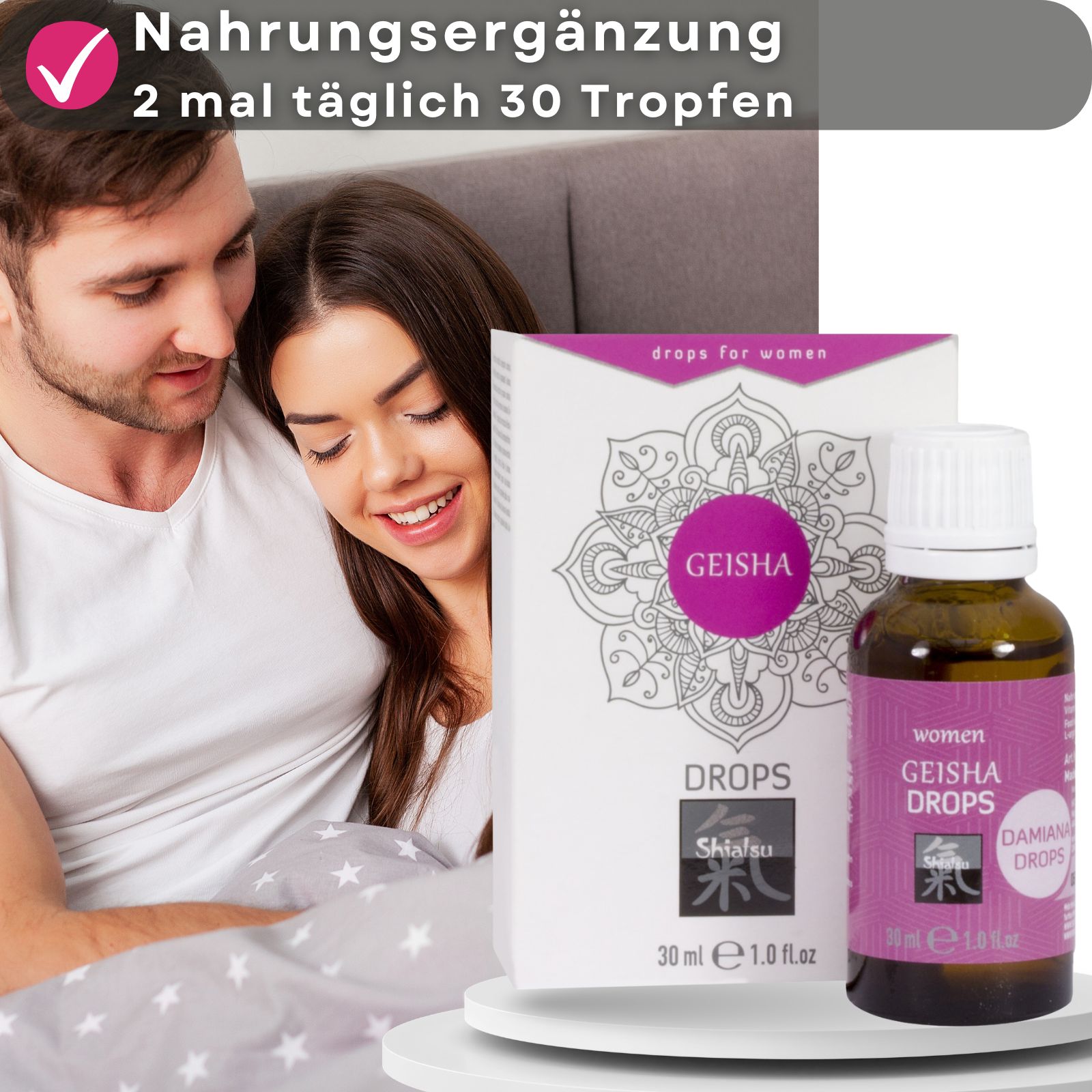 Paar im Bett. Geisha Drops Flasche und Schachtel. Text: Nahrungsergänzung, 2 mal täglich 30 Tropfen. 1.0 fl oz.