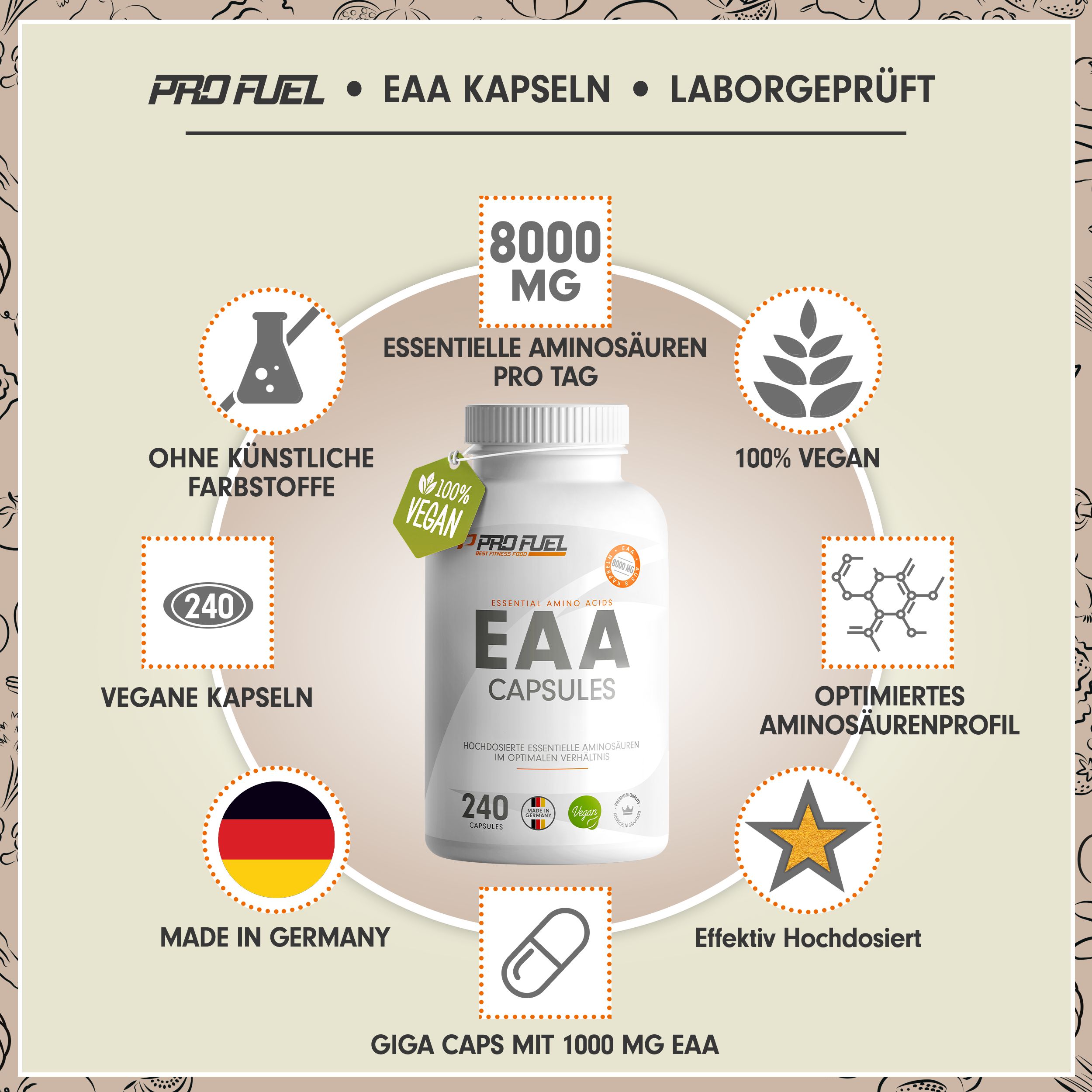 Weiße Flasche mit EAA Kapseln. Aufschrift: EAA CAPSULES, 240 Kapseln. Label mit veganem Siegel. Zusätzliche Informationen um die Flasche.