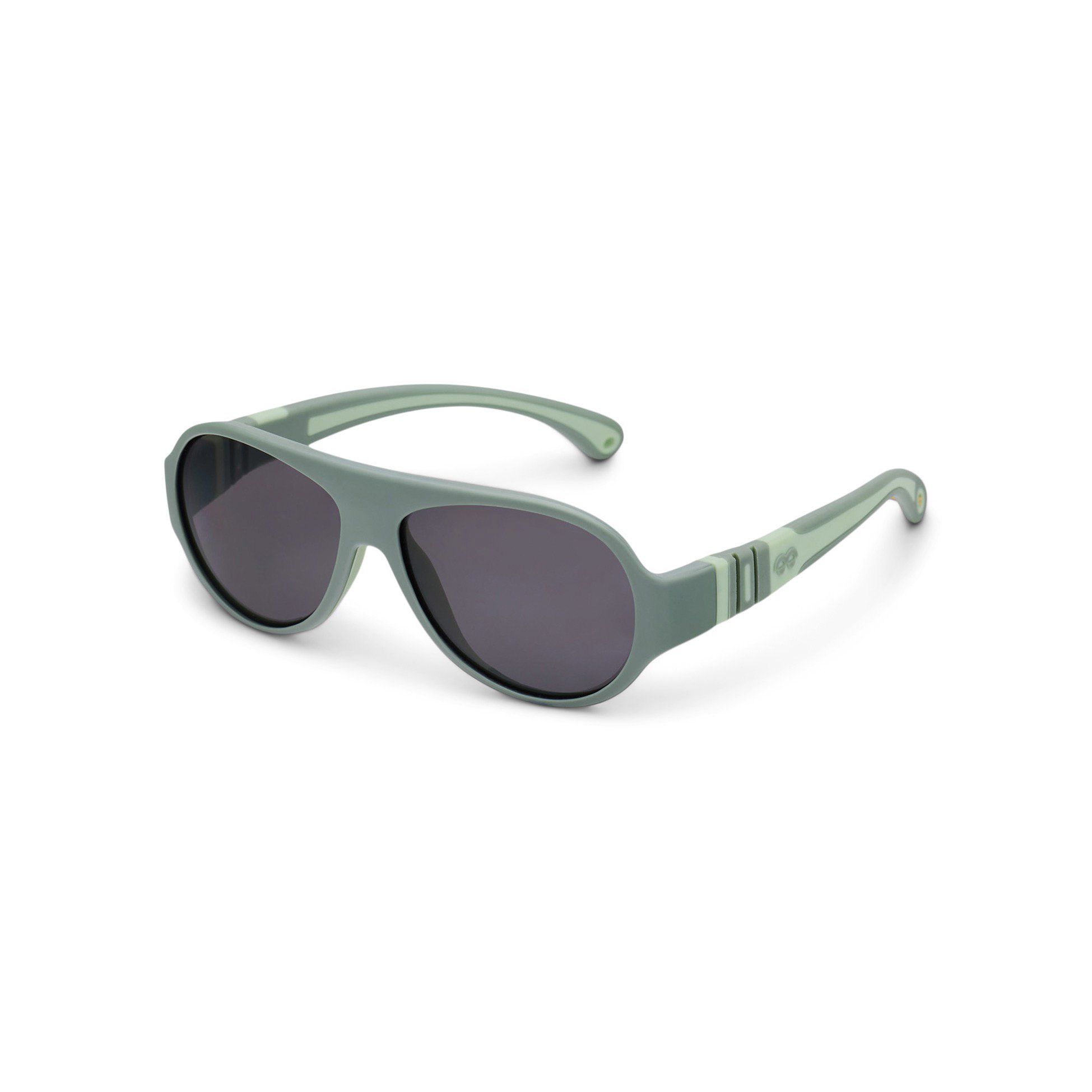 Grüne Sonnenbrille mit dunklen Gläsern. Seitliche Ansicht.