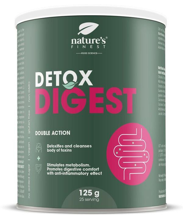 Grüne Dose mit weißem Deckel. Aufschrift: Detox Digest. Doppelwirkung. 125g, 25 Portionen. Logo: Nature's Finest.