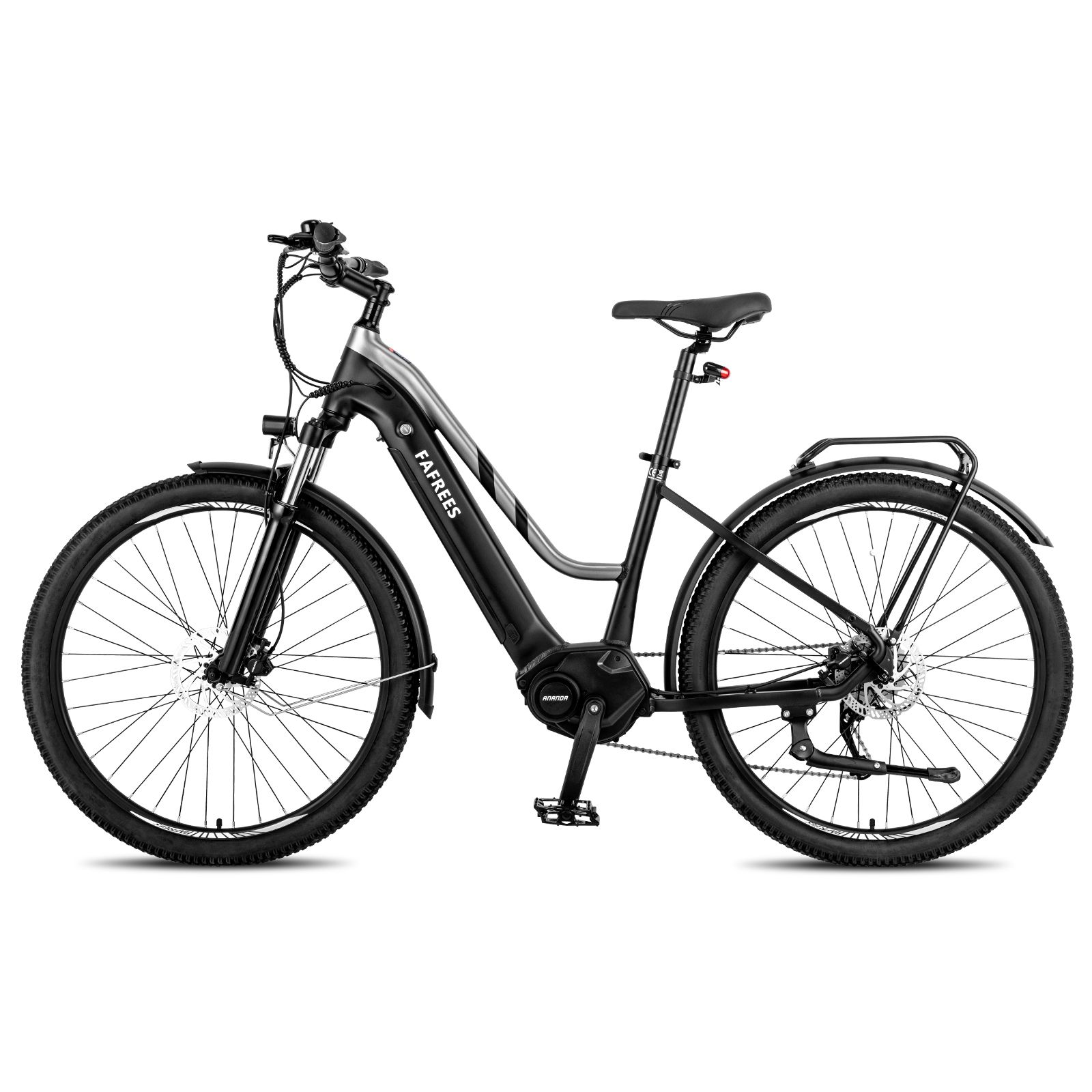 Schwarzes E-Bike mit Mittelmotor. Gepäckträger, Schutzbleche und FAFREES-Logo. Graue Akzentstreifen am Rahmen.