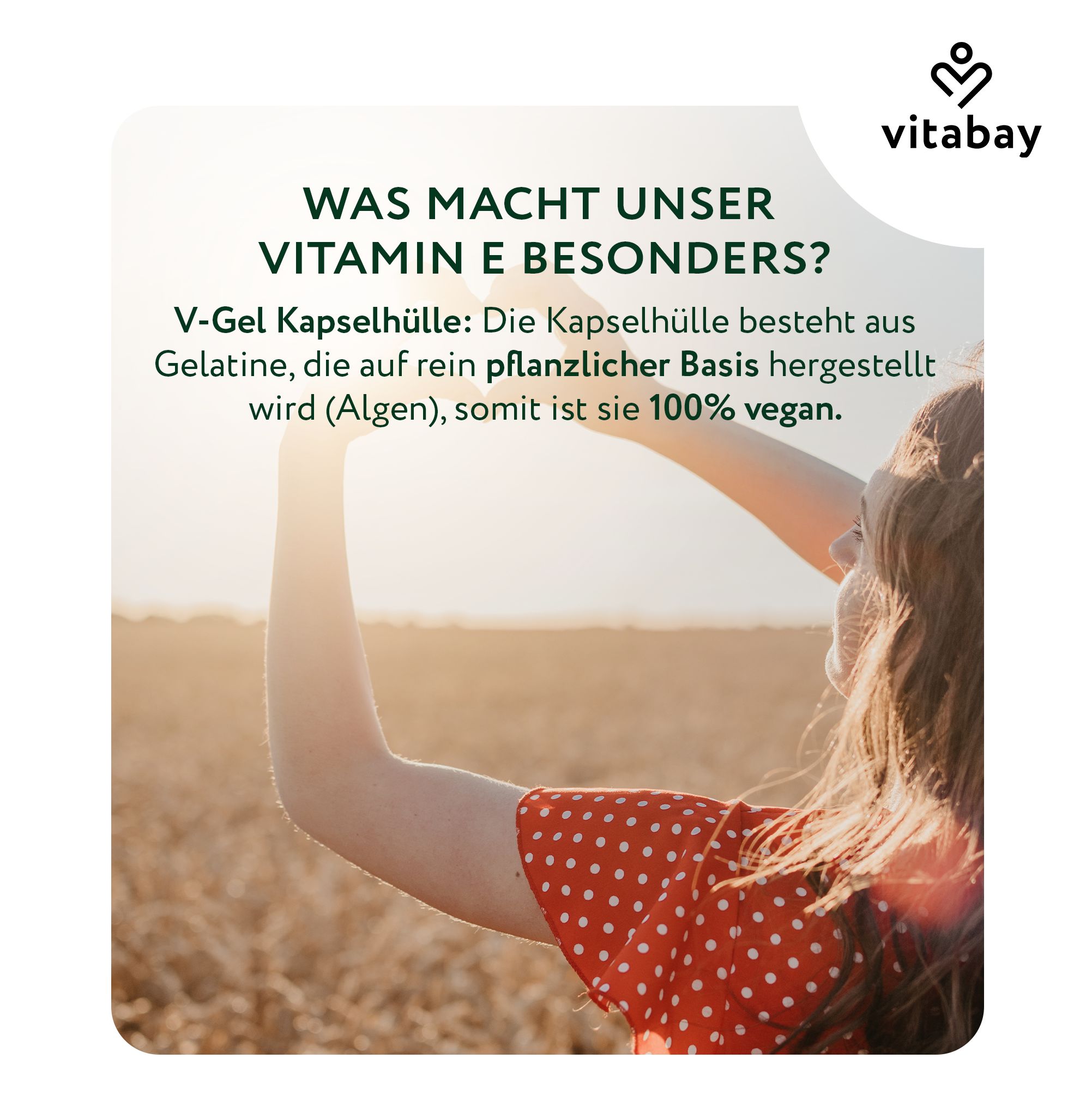 Vitabay Vitamin E: V-Gel Kapselhülle aus pflanzlicher Basis (Algen), 100% vegan.