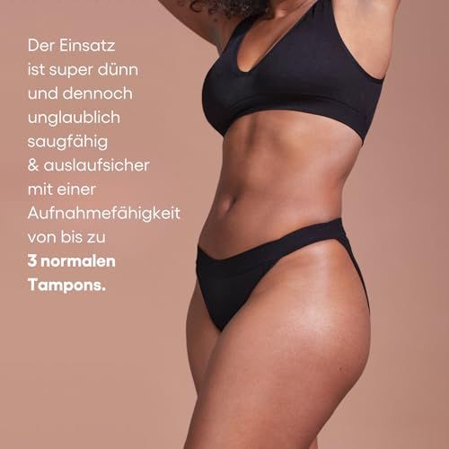 Person in schwarzem Bikini-Slip und BH. Text: Aufnahmevermögen bis zu 3 Tampons. Produktbeschreibung.