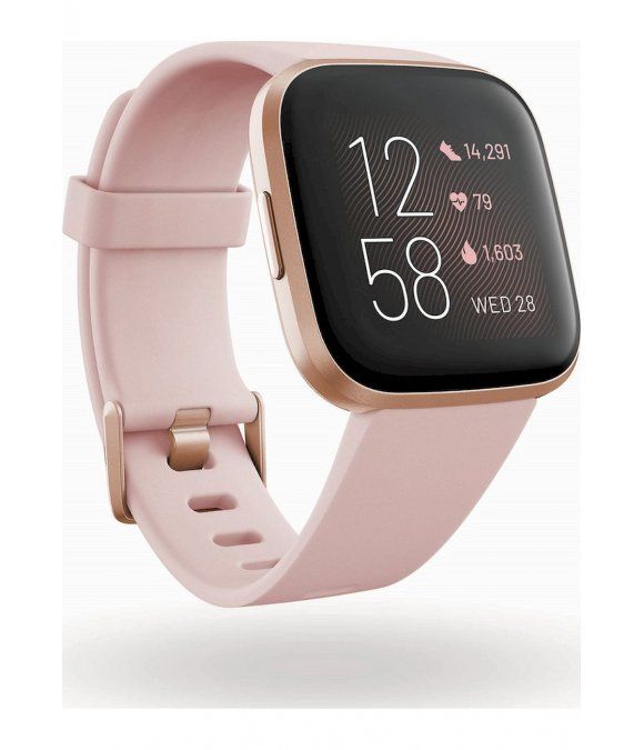 Fitness-Tracker mit rosafarbenem Armband und goldfarbenem Gehäuse. Schwarzer Bildschirm mit Uhrzeit und Gesundheitsdaten.