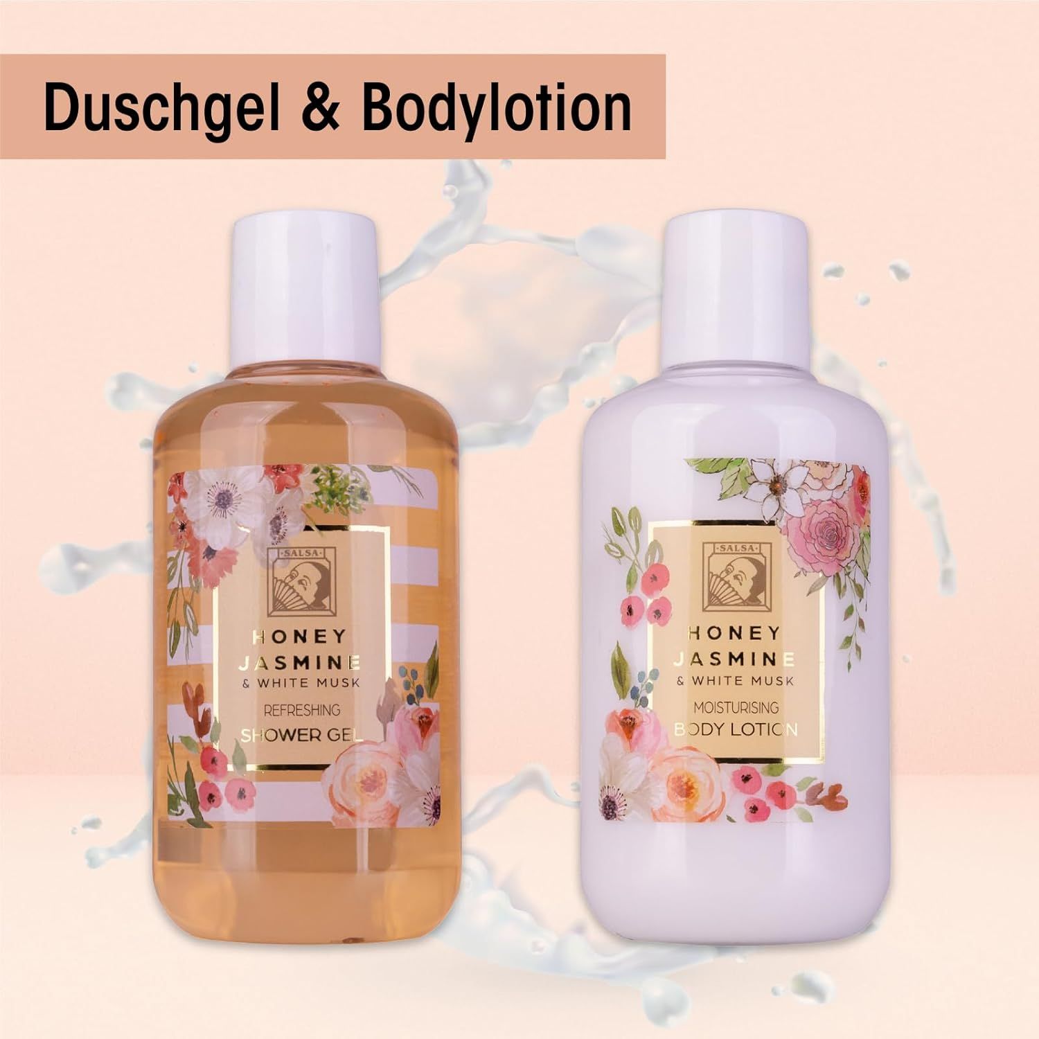 Zwei Flaschen Duschgel und Bodylotion. Weiße Kappen, florales Design. Text: Honey Jasmine & White Musk, erfrischend/feuchtigkeitsspendend.