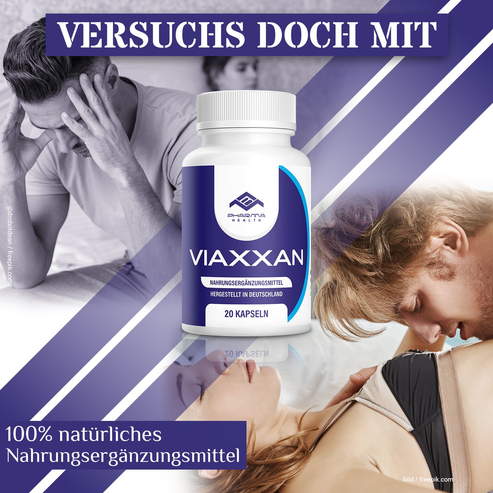 Viaxxan-Flasche mit 20 Kapseln. Flasche mit blauem Etikett und Logo. Hintergrund mit Paaren. Nahrungsergänzungsmittel.